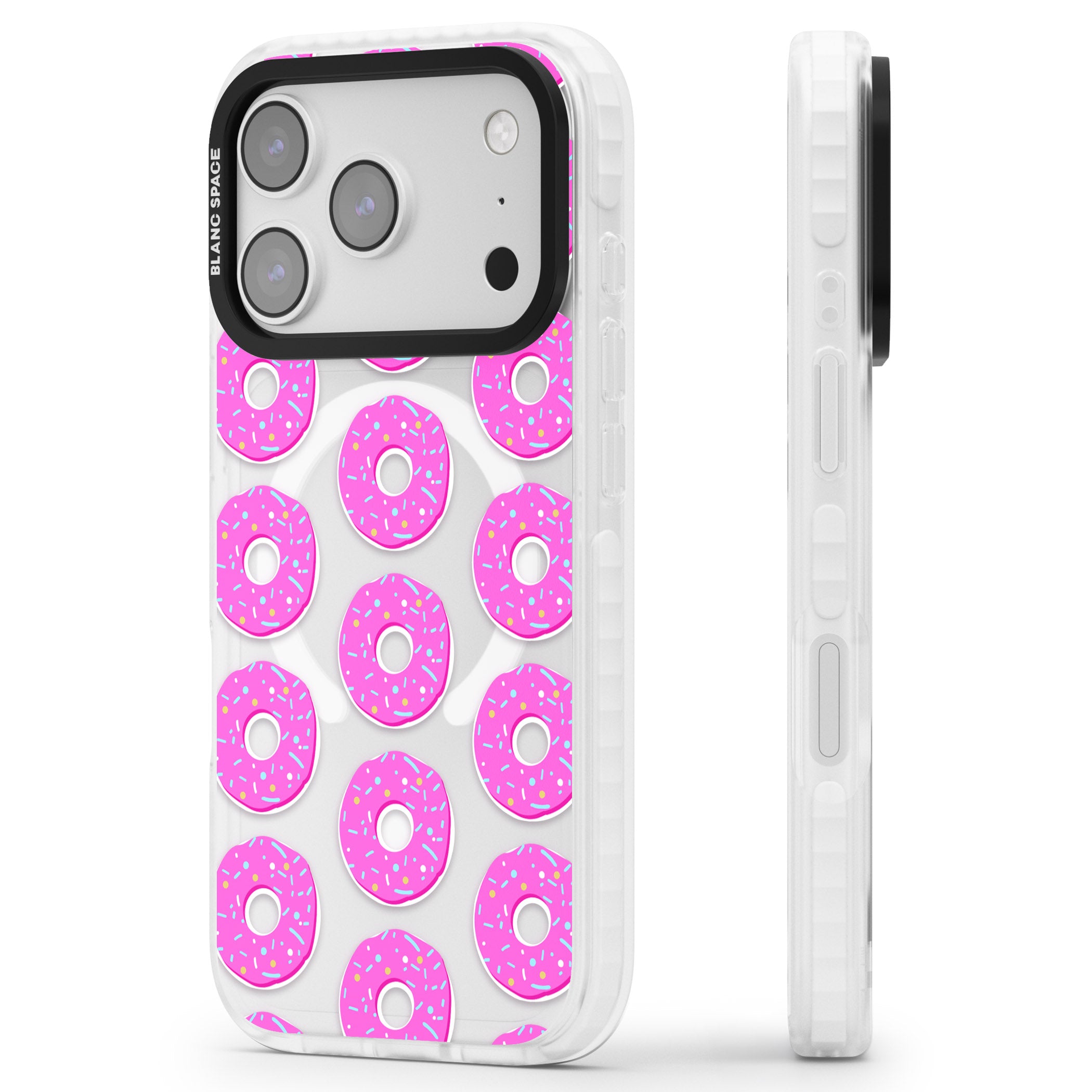 Pink Donut Pattern iPhone 17 Pro Impact Pro Clear Phone Case Side Profile