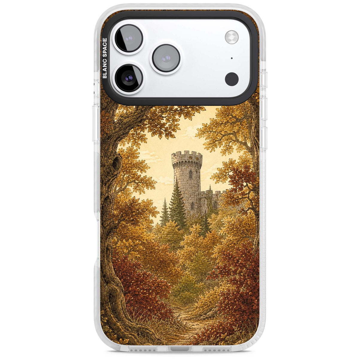 Autumn Keep cottagecore iPhone case featuring a medieval castle tower framed by golden autumn trees and woodland foliage | Impact Magsafe case for iPhone 17 Pro, iPhone 17 Pro Max
