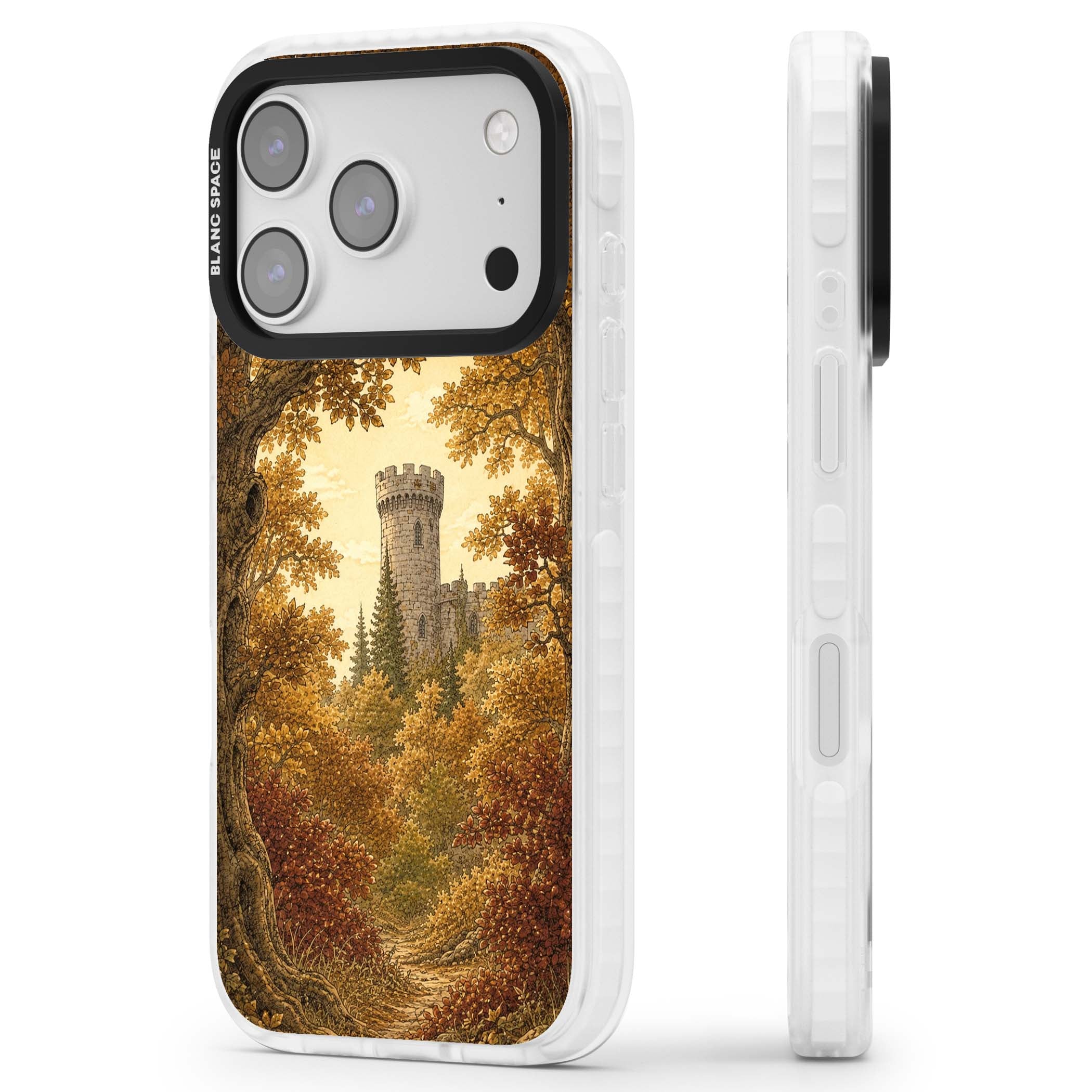 Autumn Keep cottagecore iPhone case featuring a medieval castle tower framed by golden autumn trees and woodland foliage | Impact Magsafe case for iPhone 17 Pro, iPhone 17 Pro Max