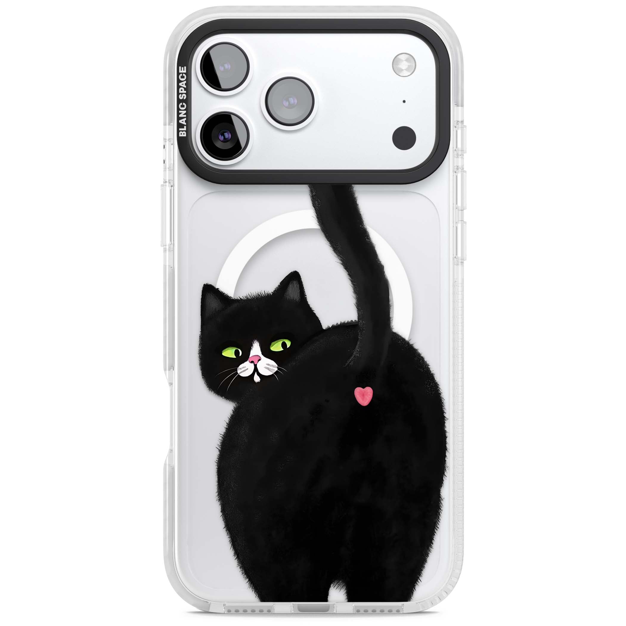 The Cat's Kiss cute cat iPhone case featuring a hand-painted tuxedo kitty with green eyes and a pink heart on a clear | Impact Magsafe case for iPhone 17 Pro, iPhone 17 Pro Max