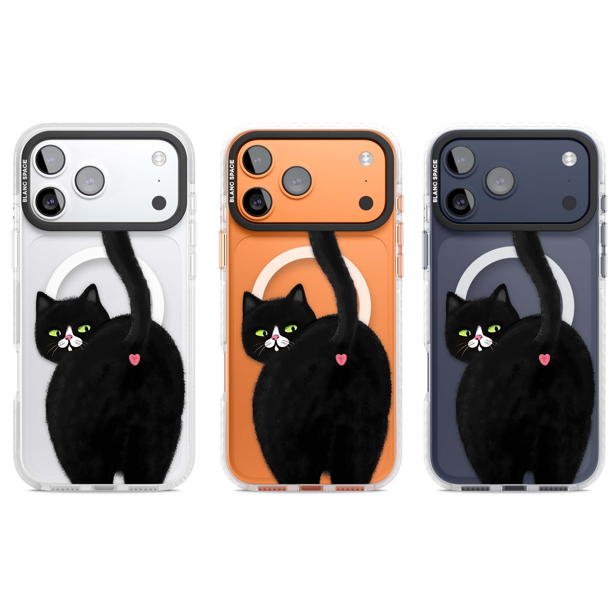 The Cat's Kiss cute cat iPhone case featuring a hand-painted tuxedo kitty with green eyes and a pink heart on a clear | Impact Magsafe case for iPhone 17 Pro, iPhone 17 Pro Max