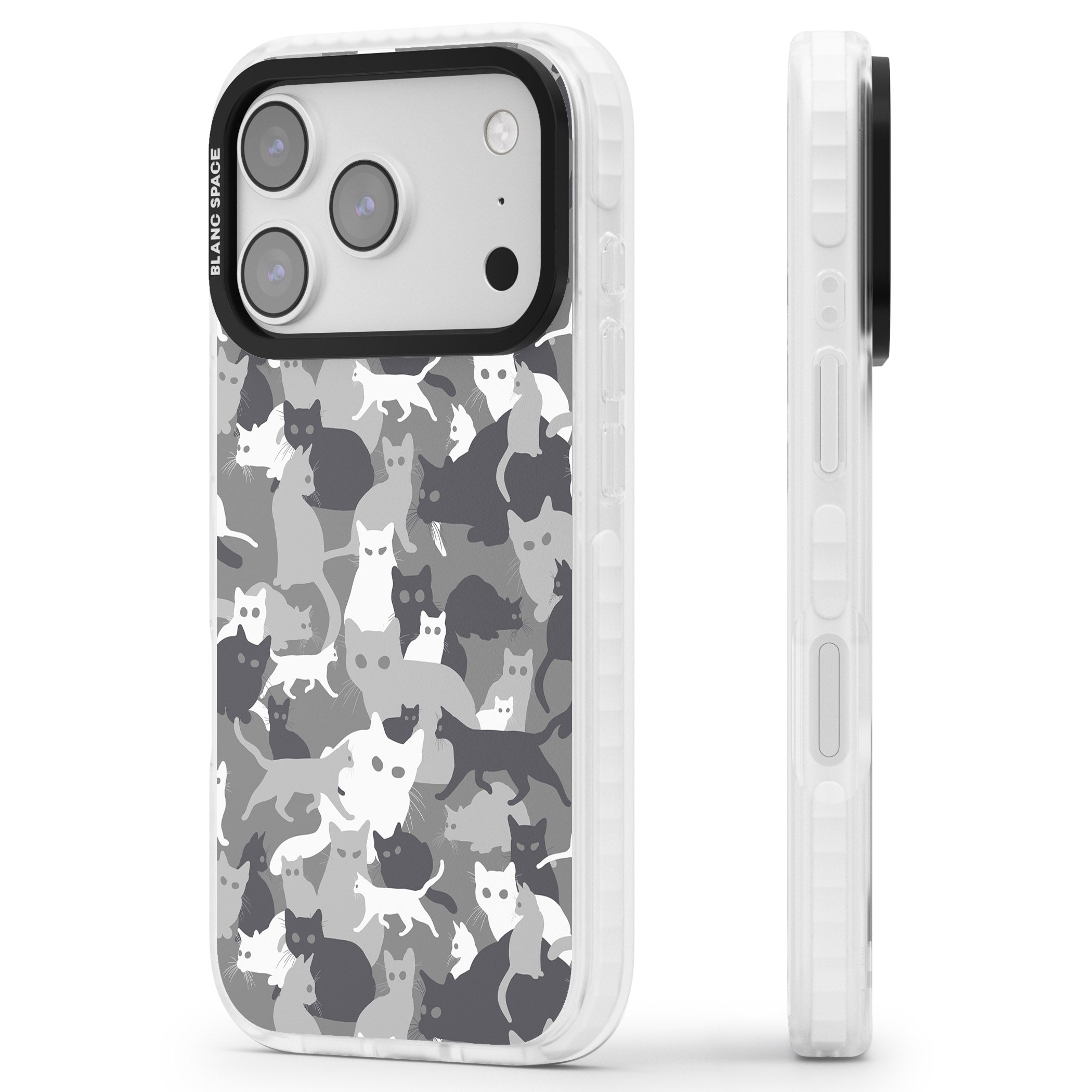 Dark Grey Cat Camouflage iPhone 17 Pro Impact Pro Clear Phone Case Side Profile
