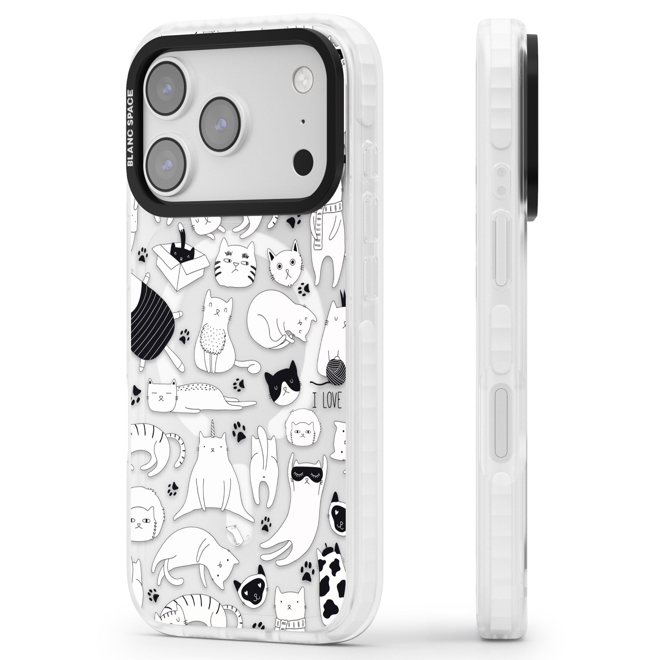 Cartoon Cat Collage Black & White iPhone 17 Pro Impact Pro Clear Phone Case Side Profile