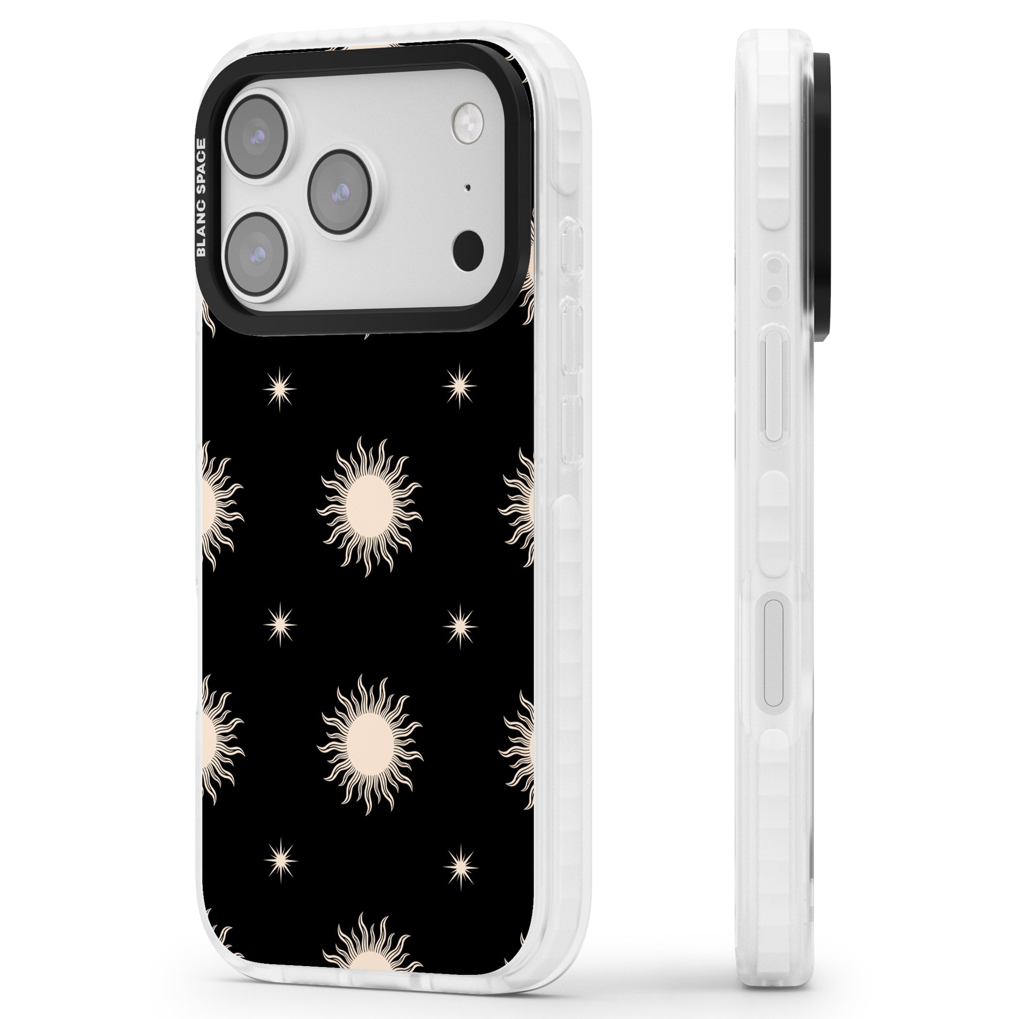 Celestial Patterns Classic Suns (Black) iPhone 17 Pro Impact Pro Clear Phone Case Side Profile