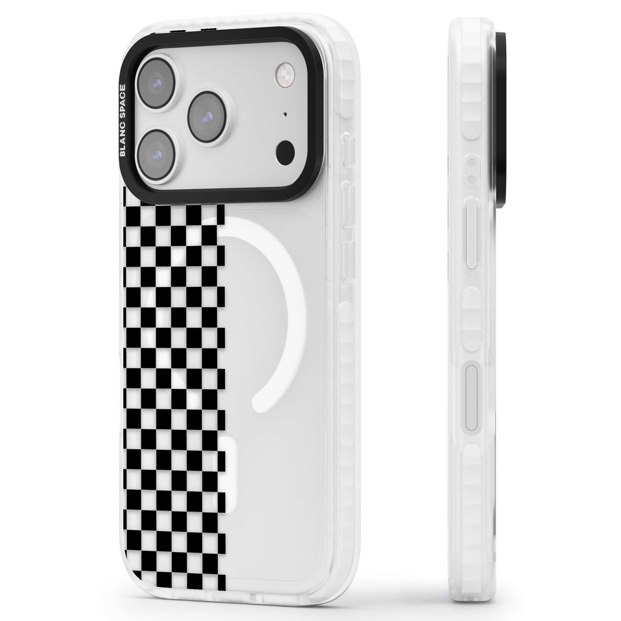 Checker: Half Black Check On Clear iPhone 17 Pro Impact Pro Clear Phone Case Side Profile