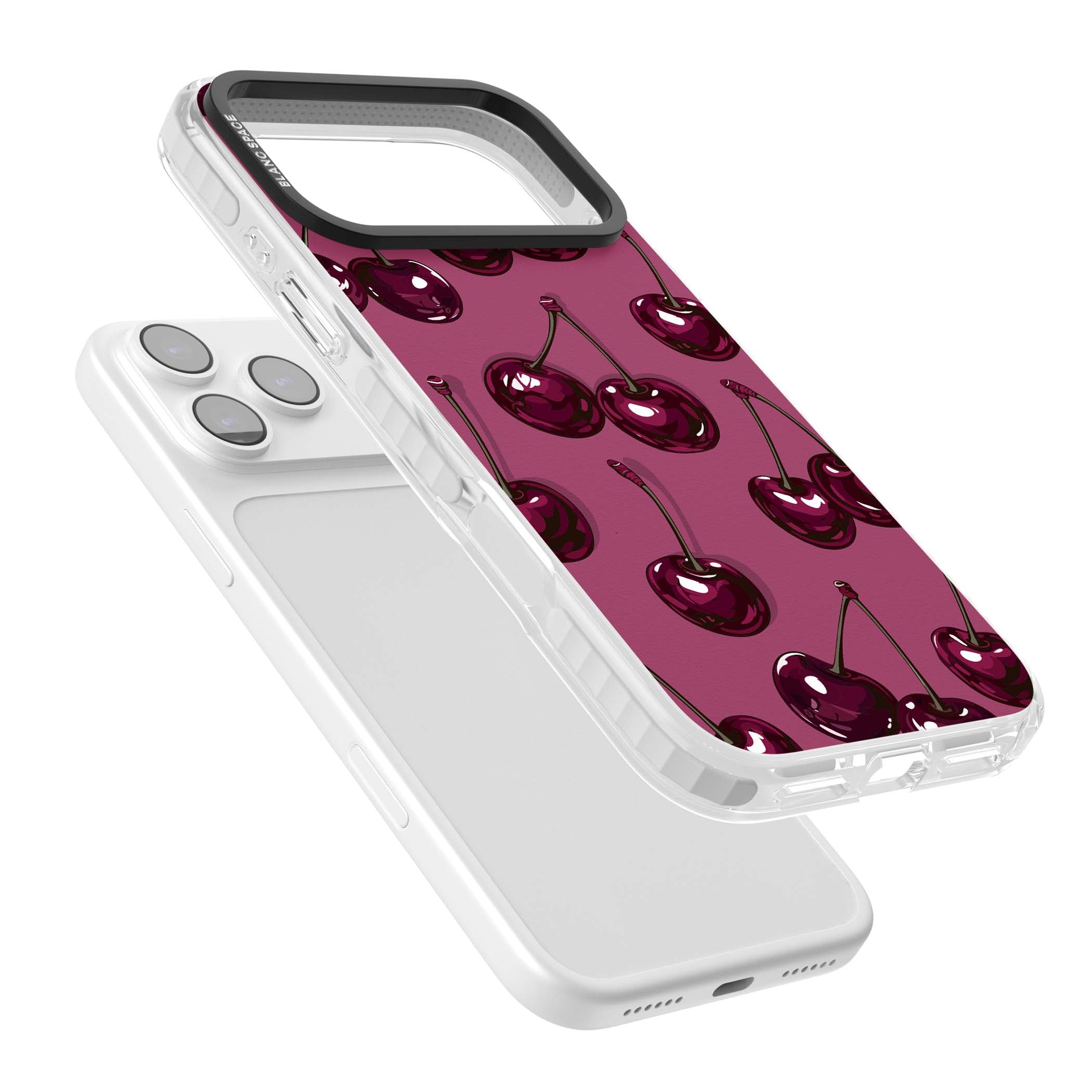 Cherry Soda coquette iPhone case featuring glossy burgundy cherries on a dusty pink background | Impact Magsafe case for iPhone 17 Pro, iPhone 17 Pro Max