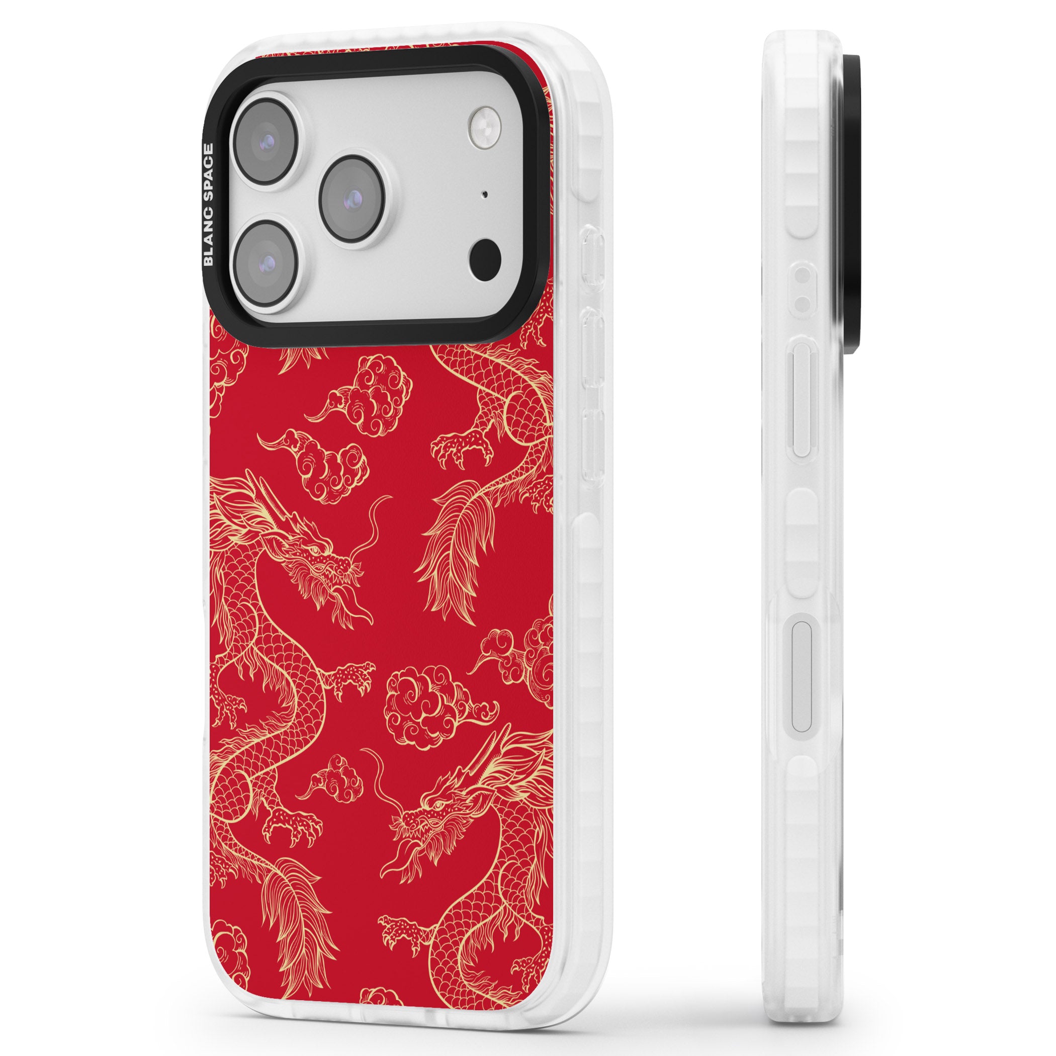 Red And Gold Dragon Pattern iPhone 17 Pro Impact Pro Clear Phone Case Side Profile