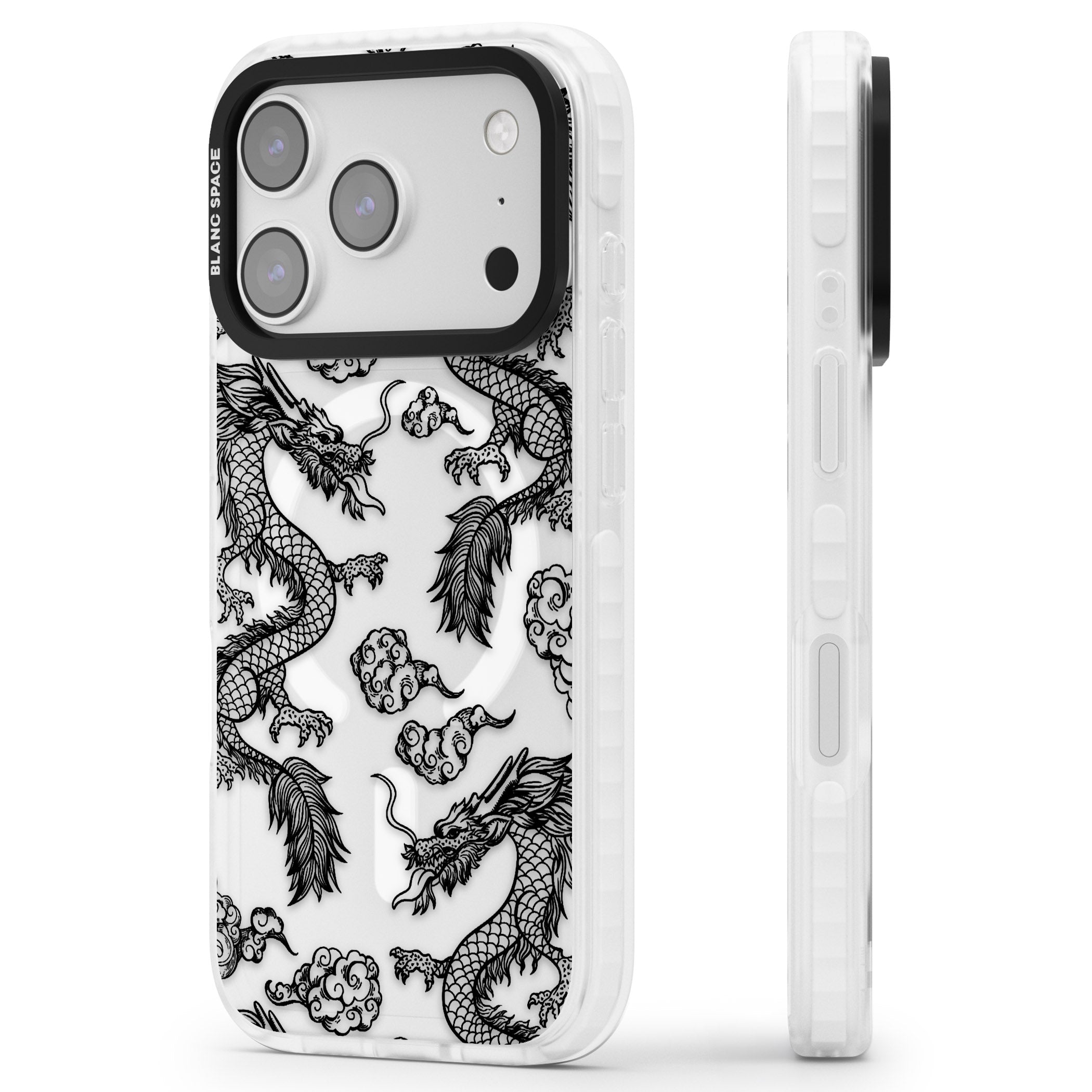Black Dragon Pattern iPhone 17 Pro Impact Pro Clear Phone Case Side Profile