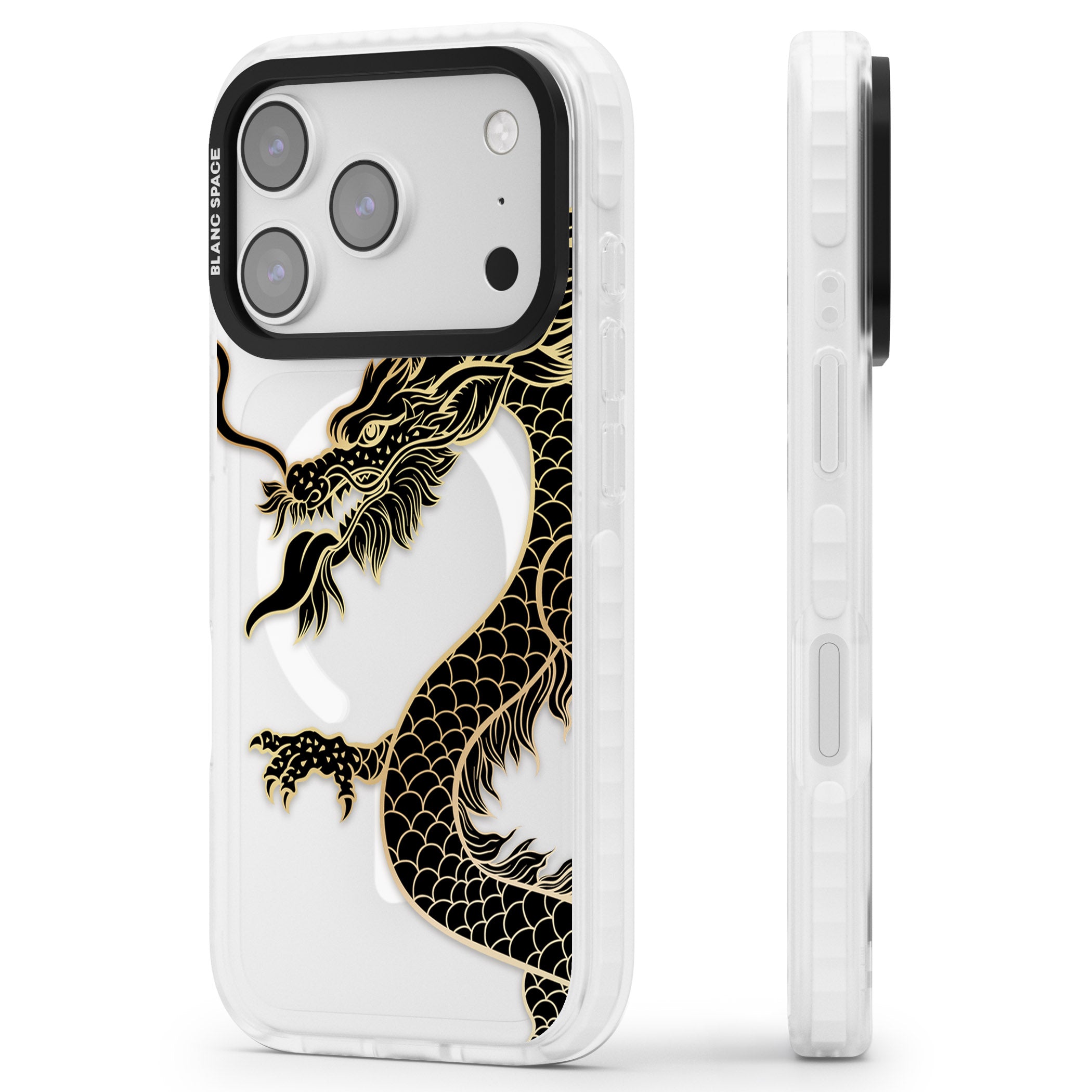 Large Black Dragon iPhone 17 Pro Impact Pro Clear Phone Case Side Profile