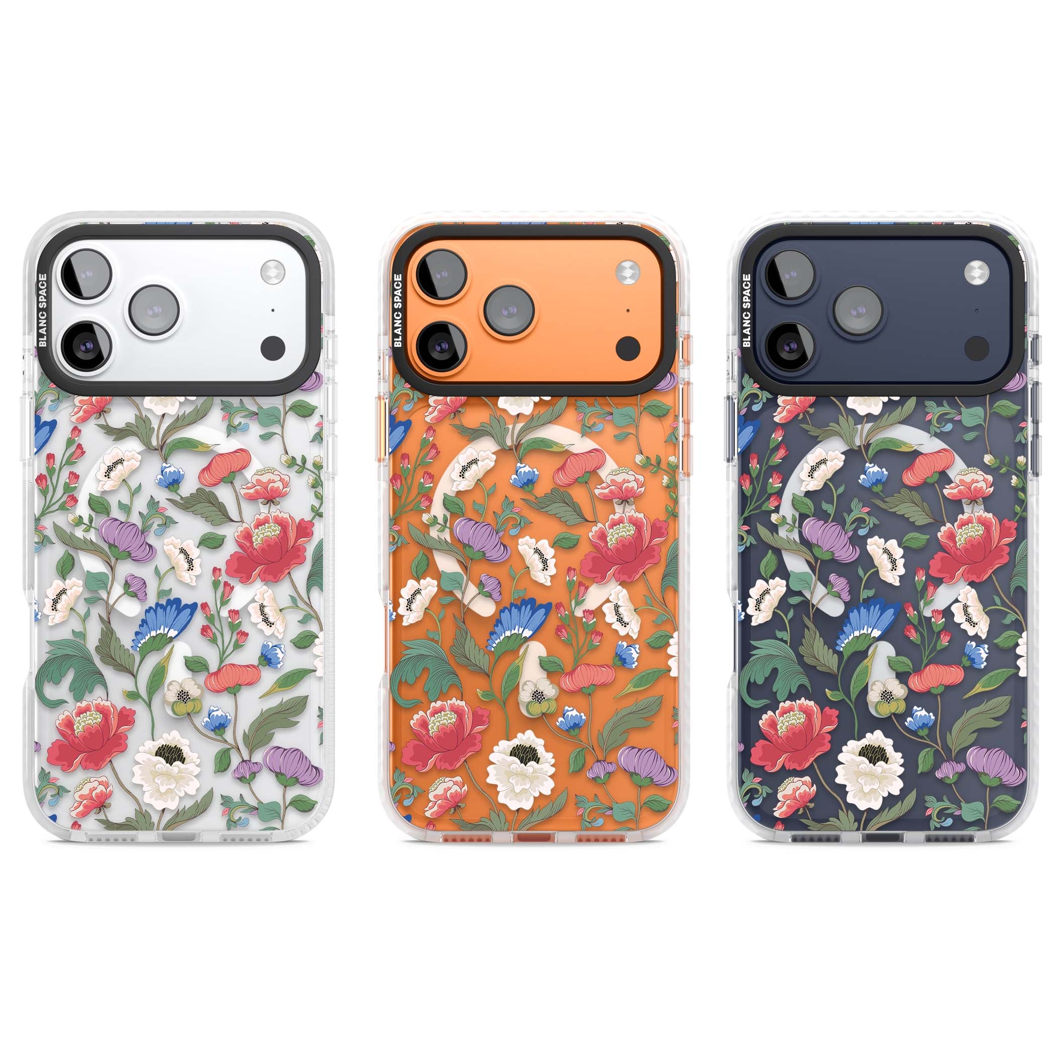 Chinoiserie Bloom vintage floral iPhone case featuring hand-painted peonies, poppies and trailing wildflowers on clear... | Impact Magsafe case for iPhone 17 Pro, iPhone 17 Pro Max