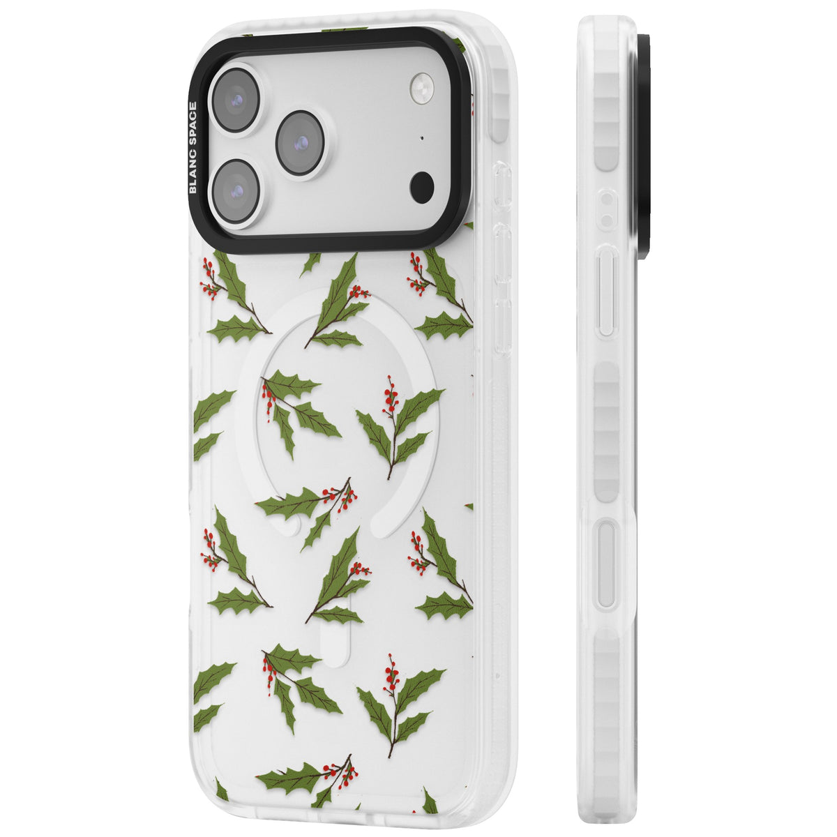 Christmas Holly Pattern iPhone 17 Pro Max Impact Pro Clear Phone Case side