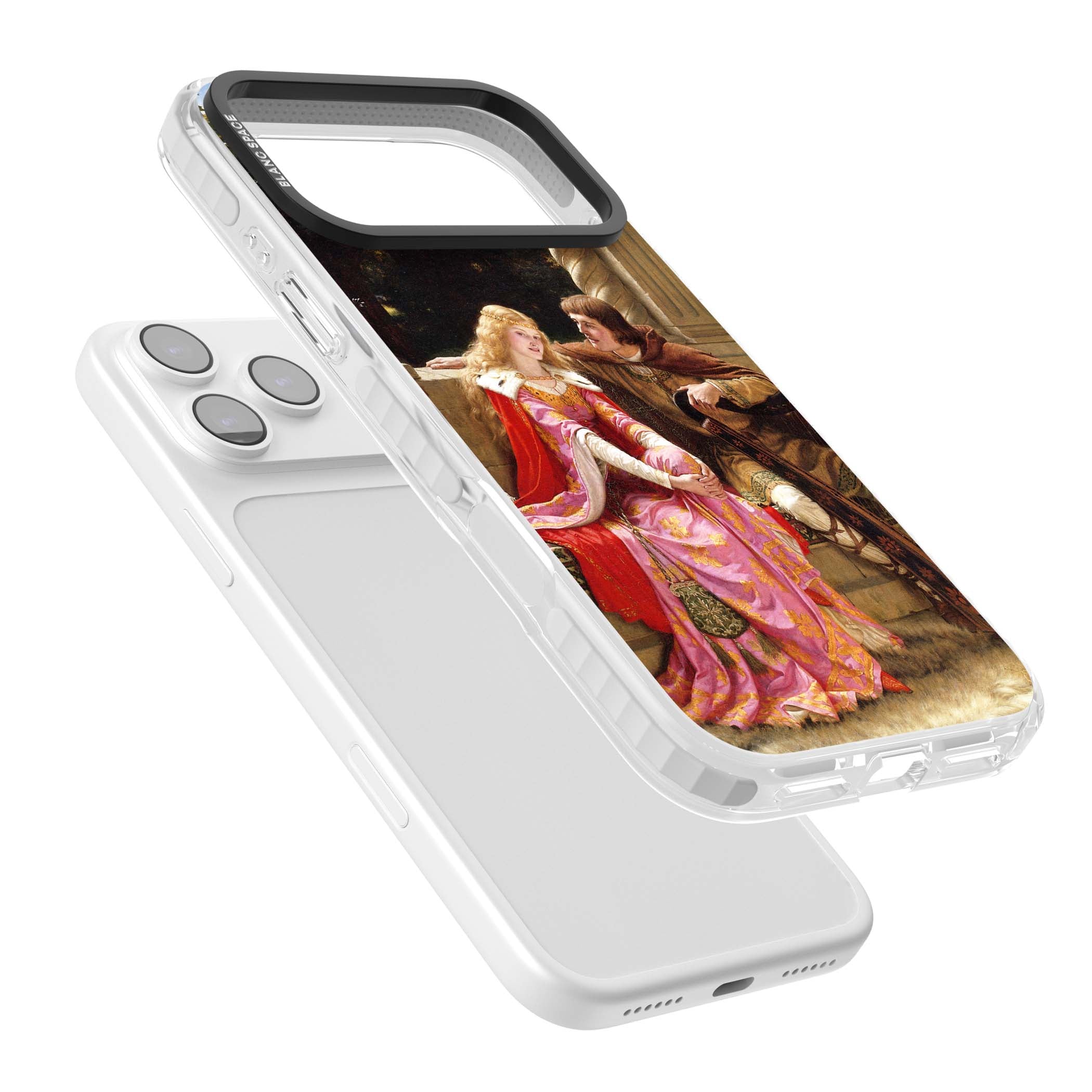 The End of the Song classic art iPhone case featuring a medieval lady in pink gown and her knight in a stone archway | Impact Magsafe case for iPhone 17 Pro, iPhone 17 Pro Max