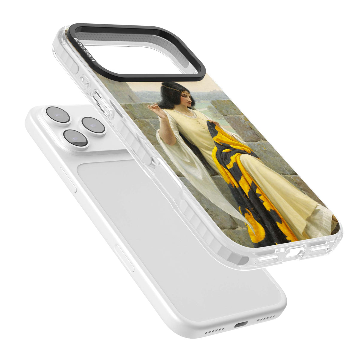 Stitching the Standard renaissance art iPhone case featuring a medieval lady sewing a golden banner on a castle wall | Impact Magsafe case for iPhone 17 Pro, iPhone 17 Pro Max