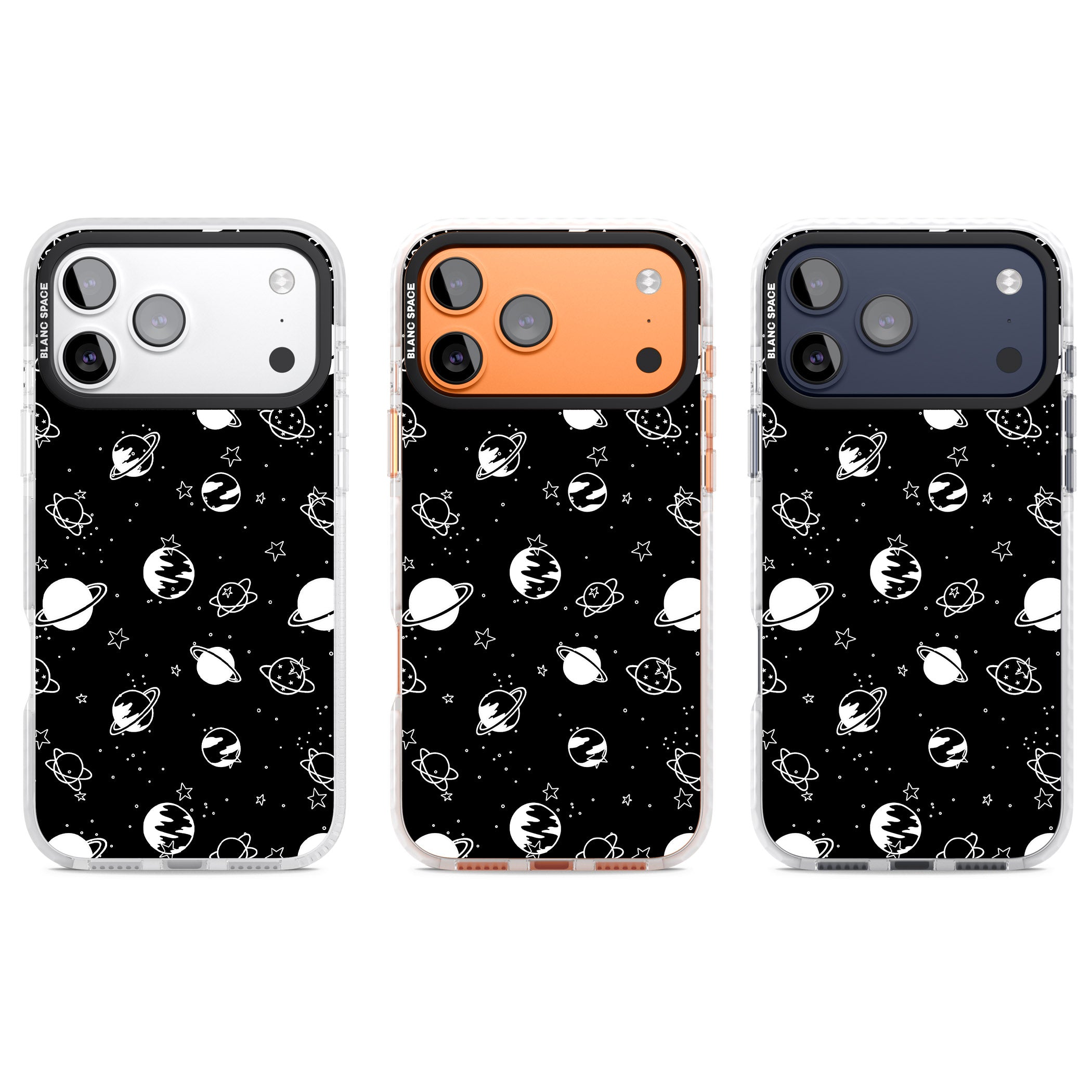 White Planets On Black iPhone 17 Pro Impact Pro Clear Phone Case APT Impact Protection