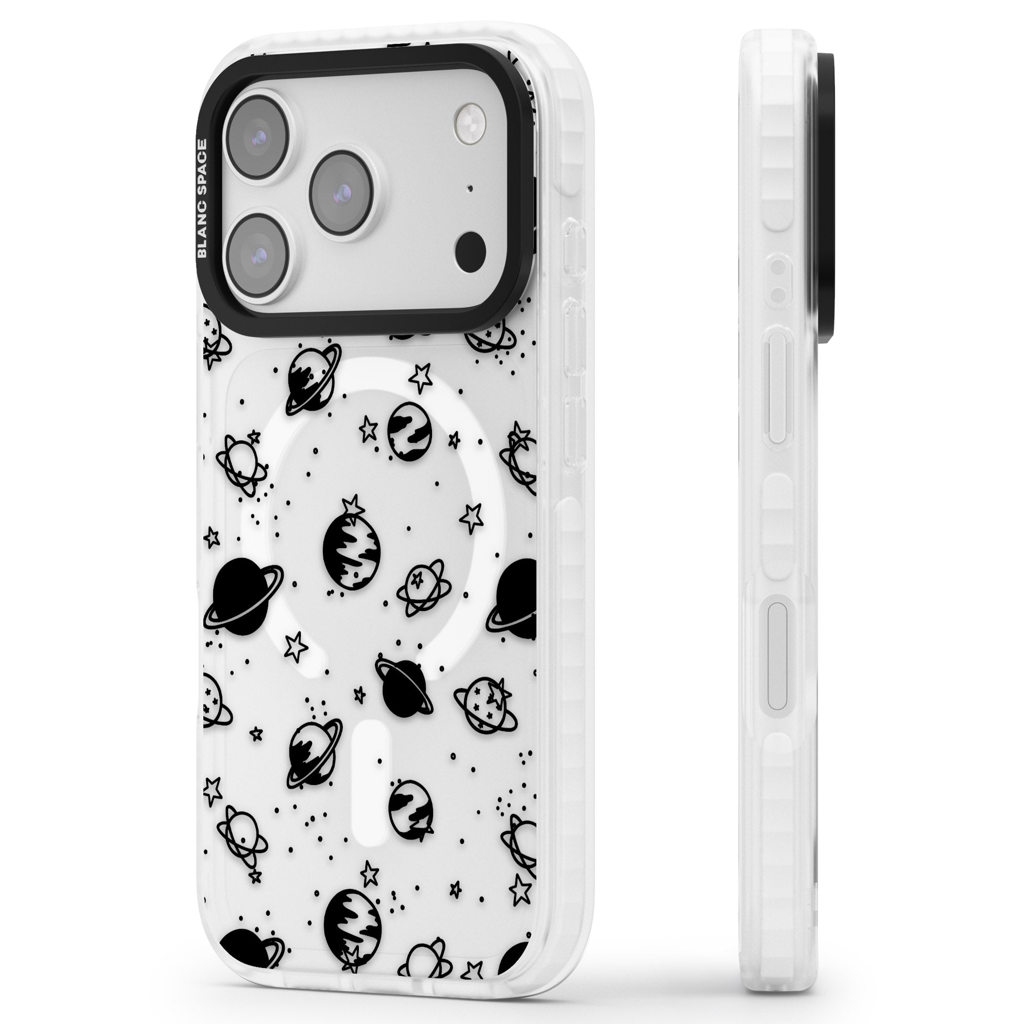 Black Planets iPhone 17 Pro Impact Pro Clear Phone Case Side Profile
