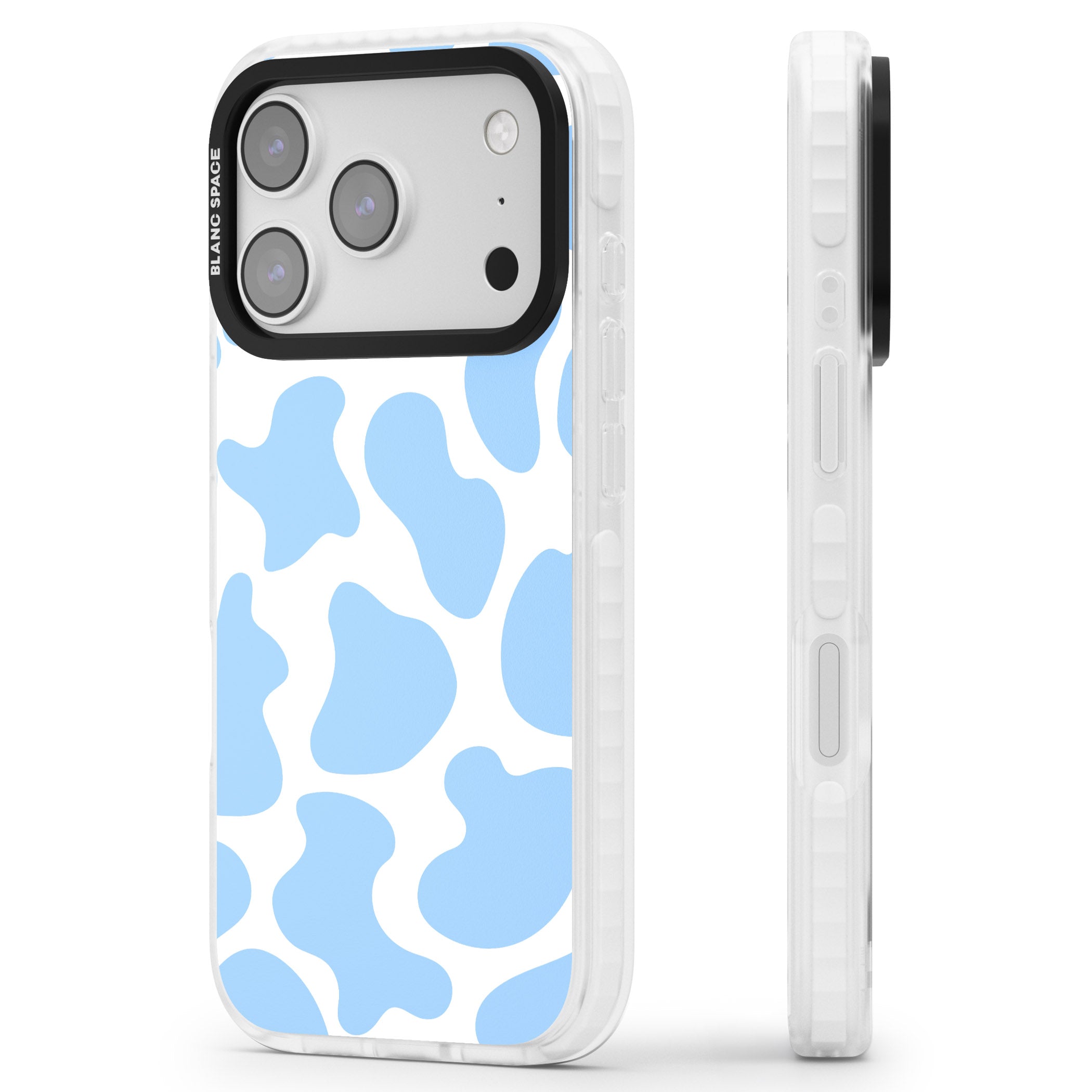 Blue And White Cow Print iPhone 17 Pro Impact Pro Clear Phone Case Side Profile