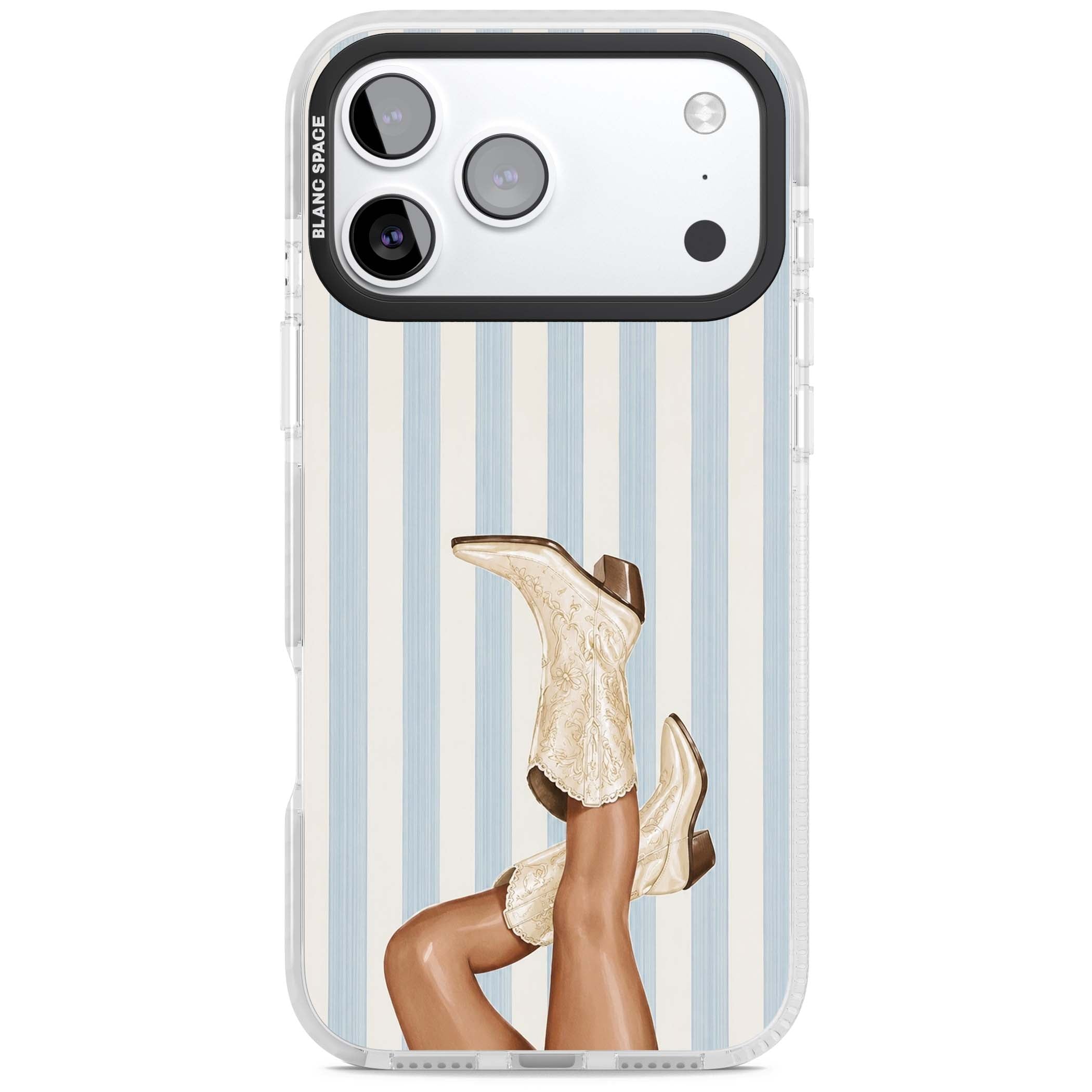 Cowgirl Boots coastal cowgirl iPhone case featuring embroidered western boots, tanned legs and a blue stripe backdrop | Impact Magsafe case for iPhone 17 Pro, iPhone 17 Pro Max