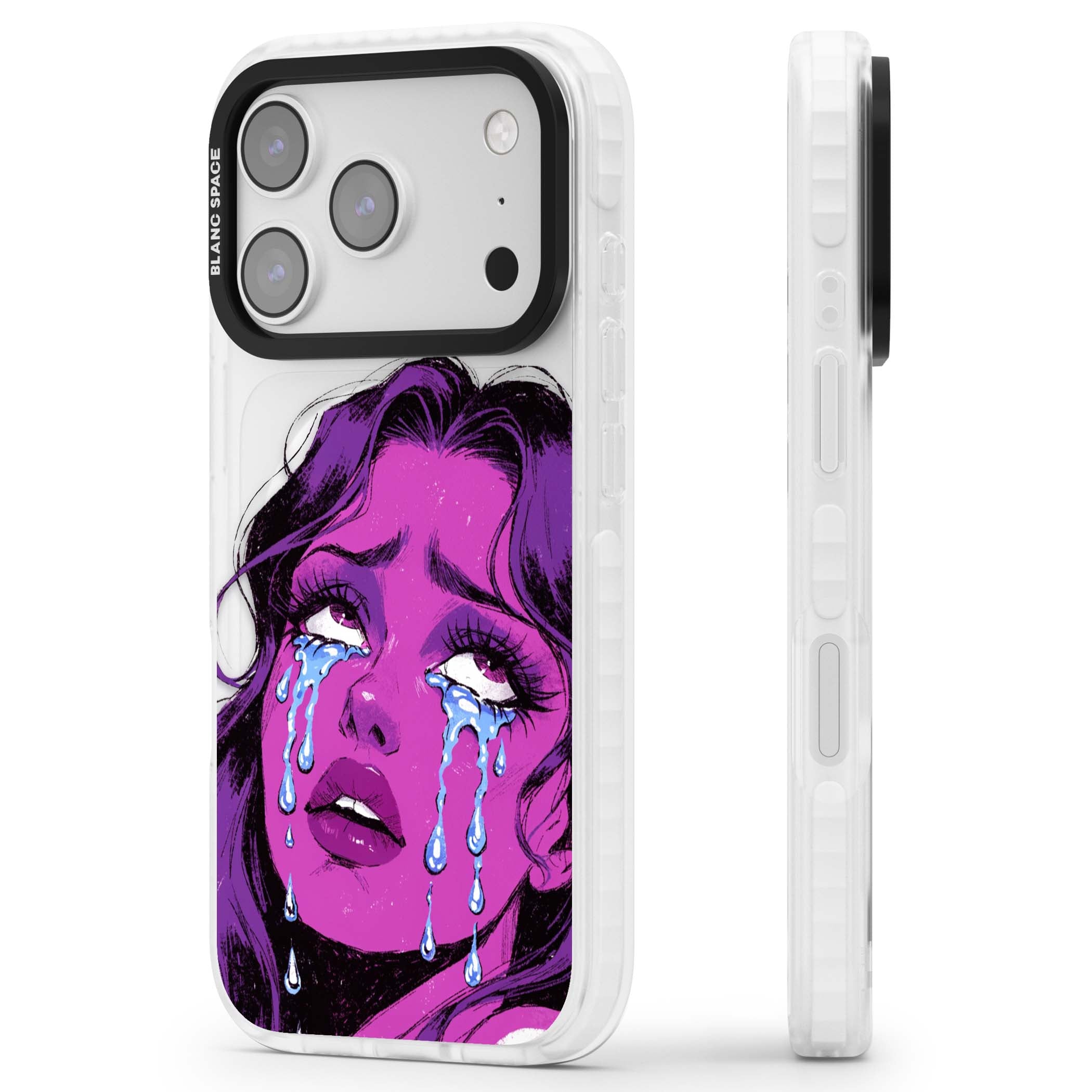 Drama Queen pop art iPhone case featuring a purple crying comic girl with blue tears | Impact Magsafe case for iPhone 17 Pro, iPhone 17 Pro Max