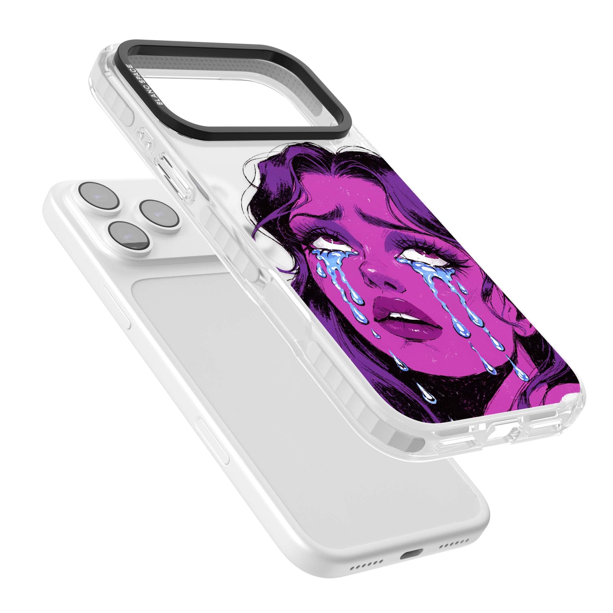 Drama Queen pop art iPhone case featuring a purple crying comic girl with blue tears | Impact Magsafe case for iPhone 17 Pro, iPhone 17 Pro Max