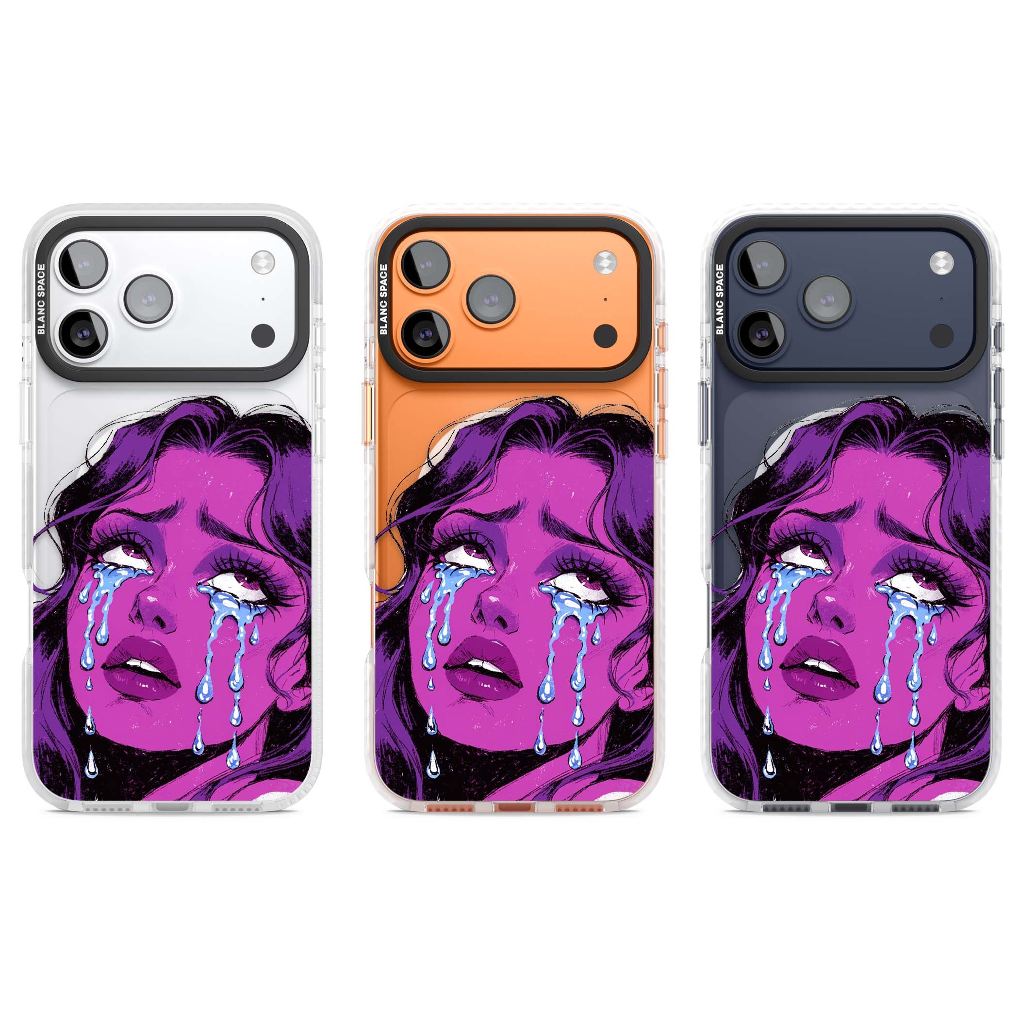 Drama Queen pop art iPhone case featuring a purple crying comic girl with blue tears | Impact Magsafe case for iPhone 17 Pro, iPhone 17 Pro Max