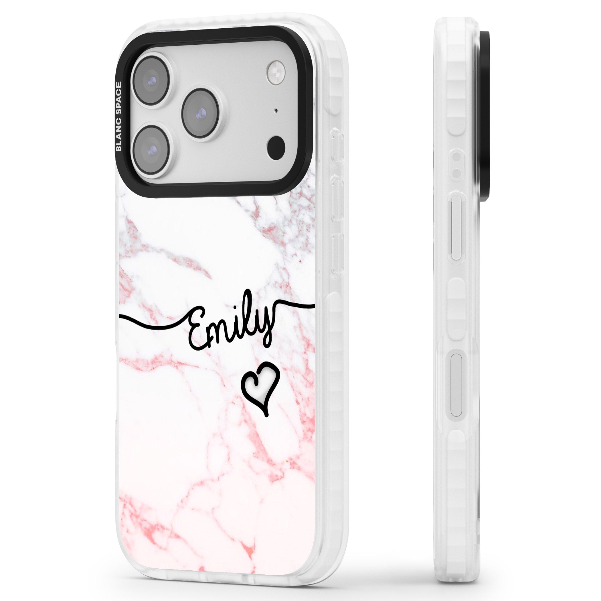Personalised Pink Fade Marble Heart iPhone 17 Pro Impact Pro Clear Phone Case Side Profile