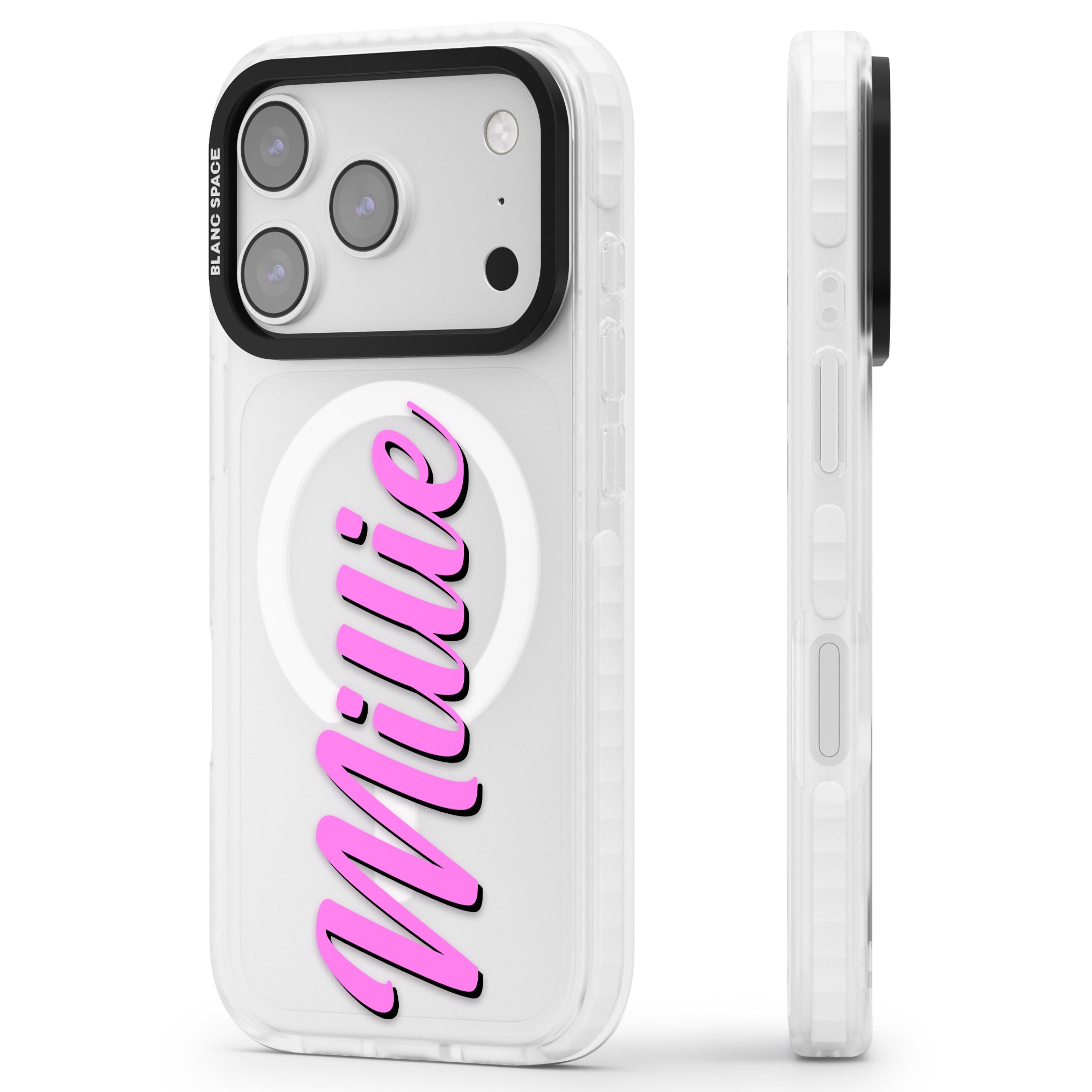 Personalised Cute Vertical Name iPhone 17 Pro Impact Pro Clear Phone Case Side Profile