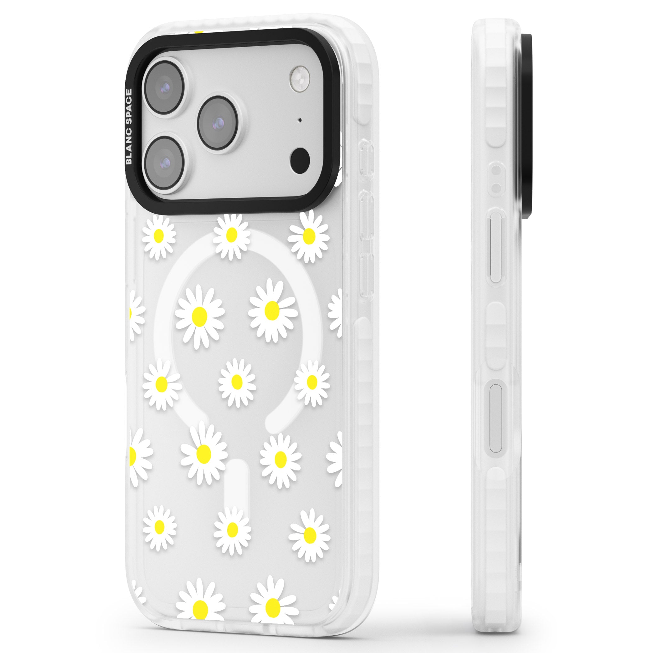 Personalised White Daisy Pattern iPhone 17 Pro Impact Pro Clear Phone Case Side Profile
