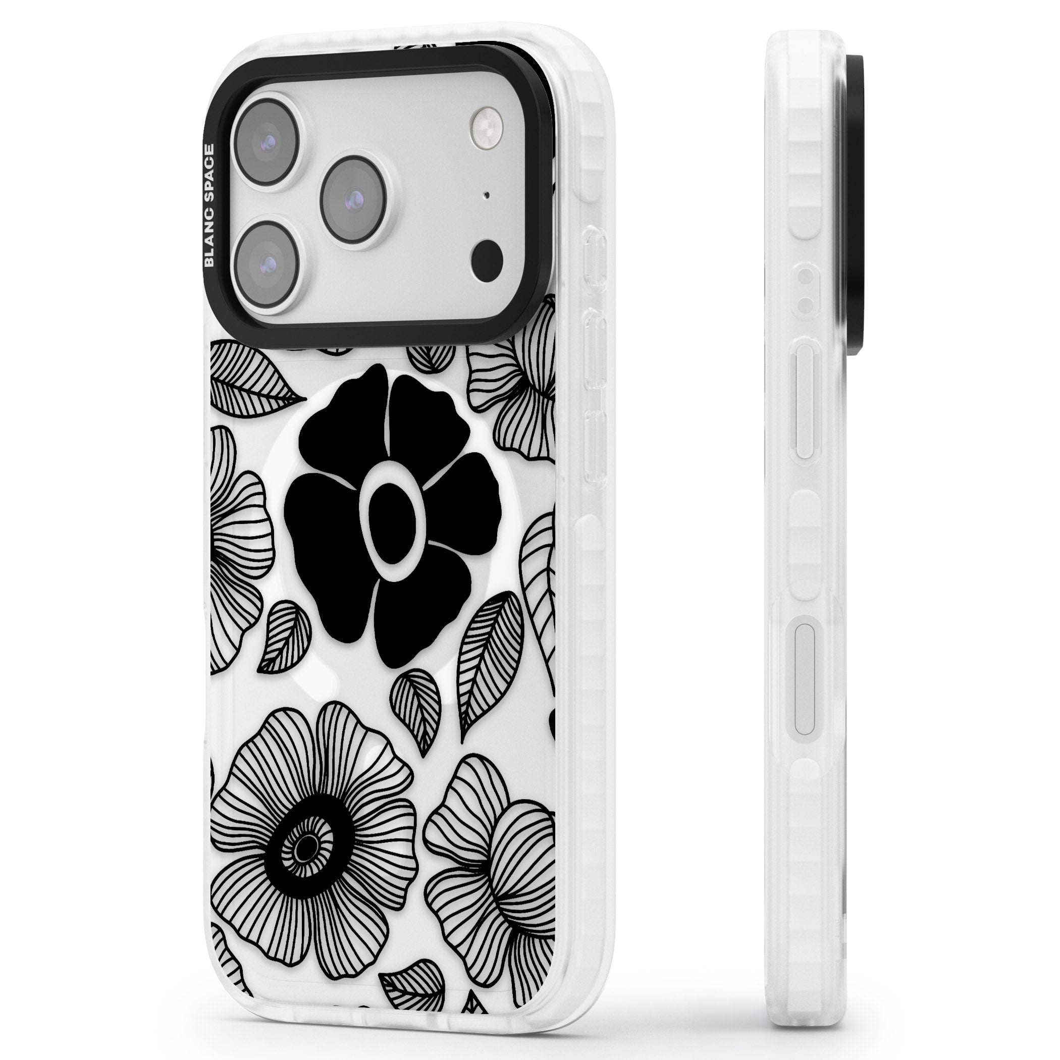 Black Flowers iPhone 17 Pro Impact Pro Clear Phone Case Side Profile
