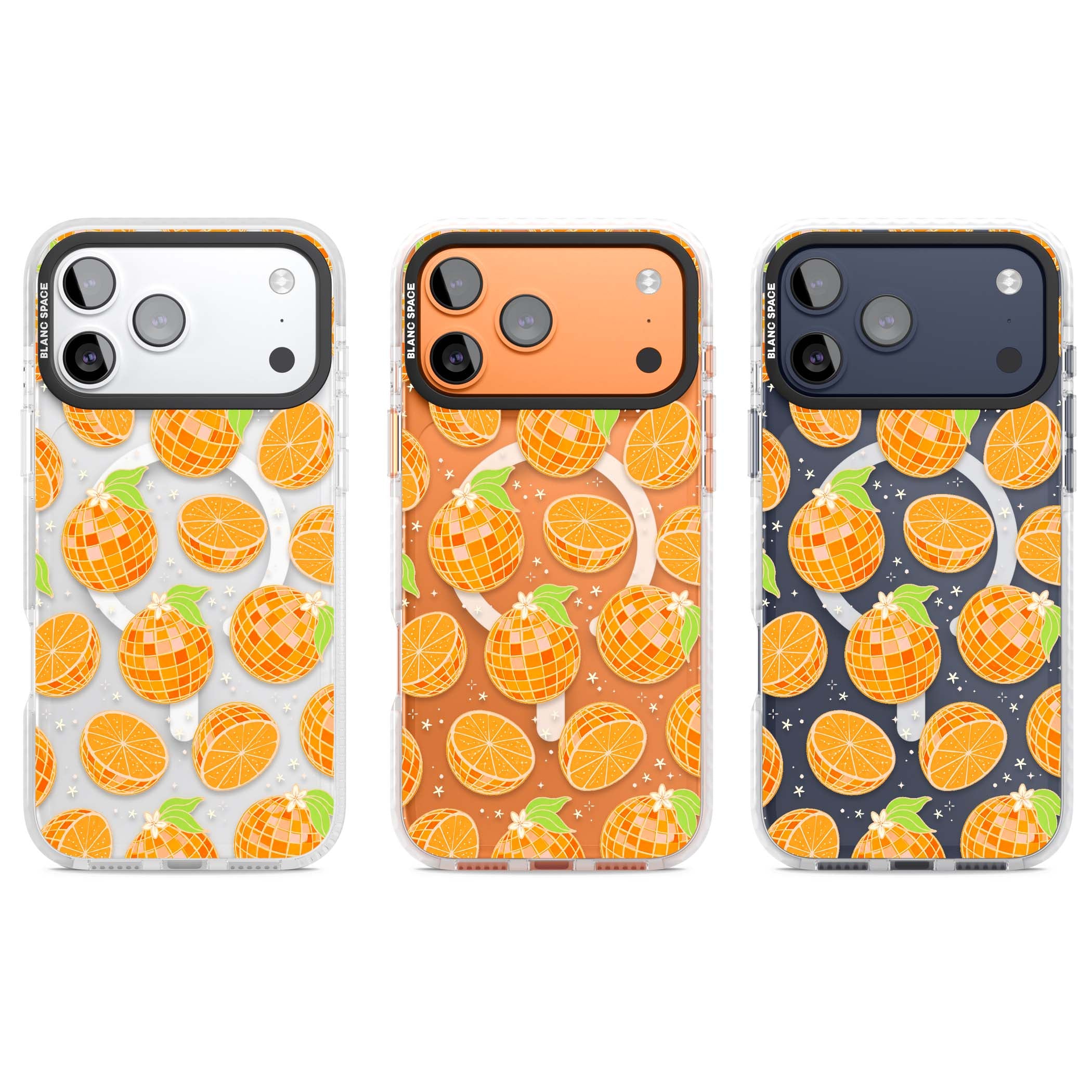 Disco Oranges retro iPhone case featuring mirrorball oranges, citrus slices and tiny blossoms on clear | Impact Magsafe case for iPhone 17 Pro, iPhone 17 Pro Max