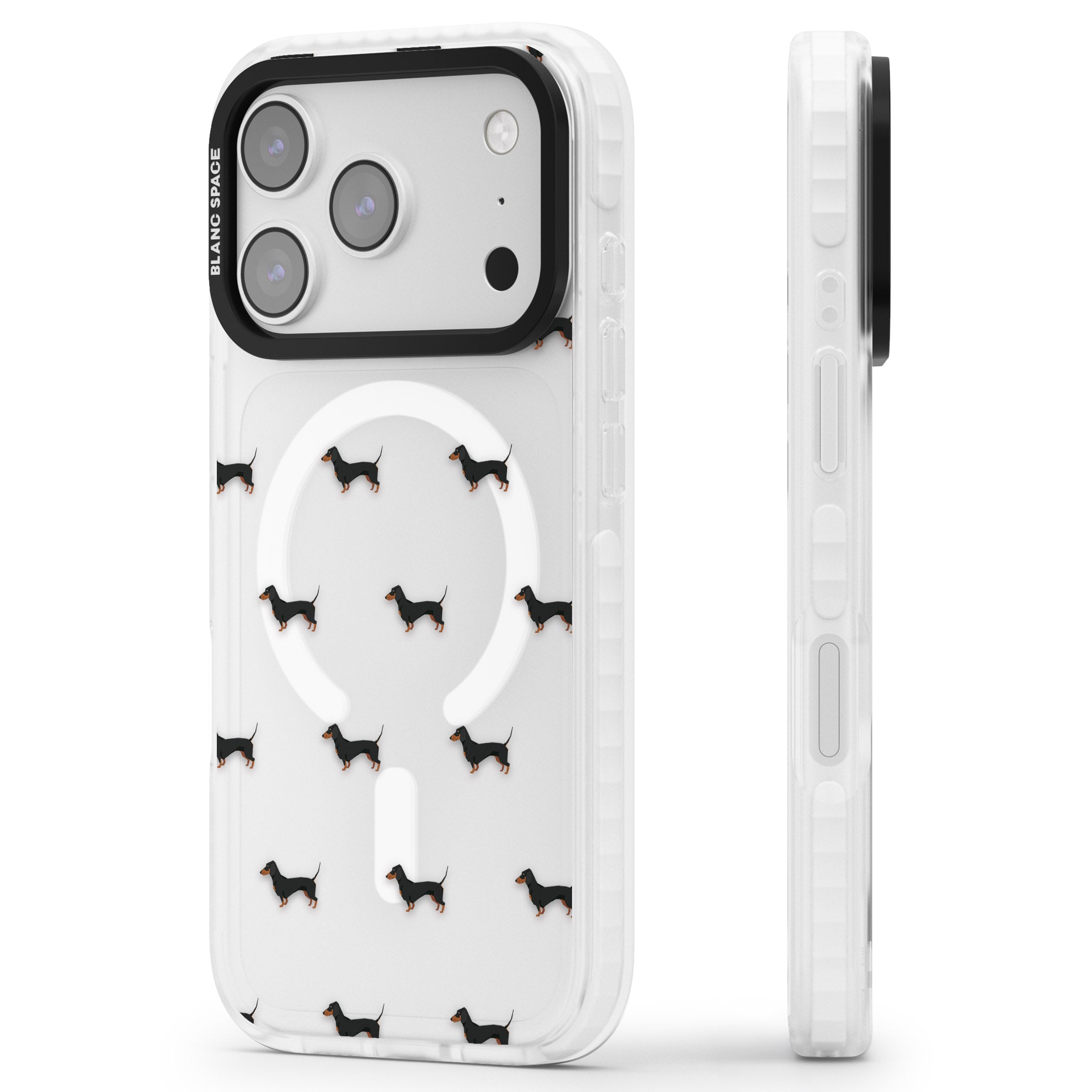 Dachshund Pattern Clear iPhone 17 Pro Impact Pro Clear Phone Case Side Profile