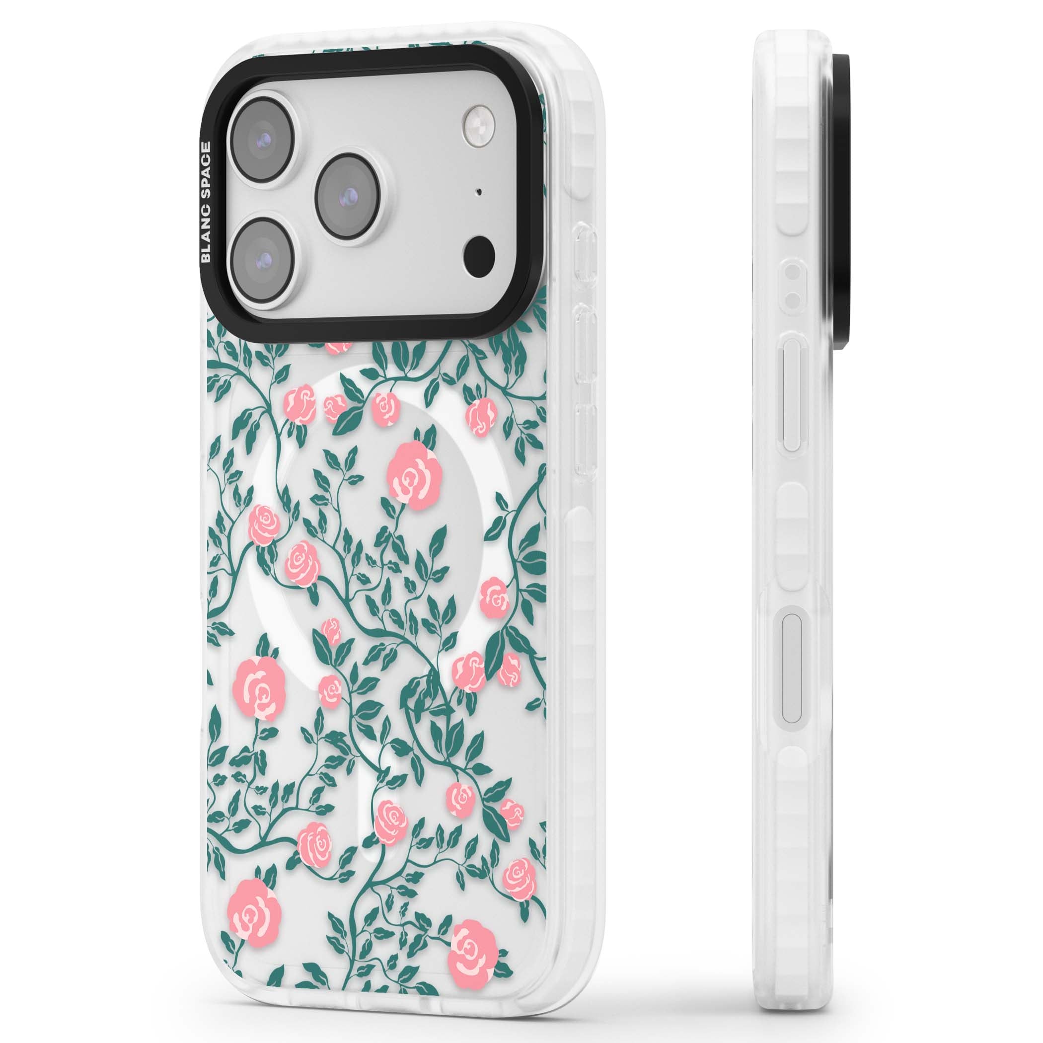 Rose Trellis (Clear) cottagecore iPhone case featuring pink climbing roses and green leaves on clear background | Impact Magsafe case for iPhone 17 Pro, iPhone 17 Pro Max