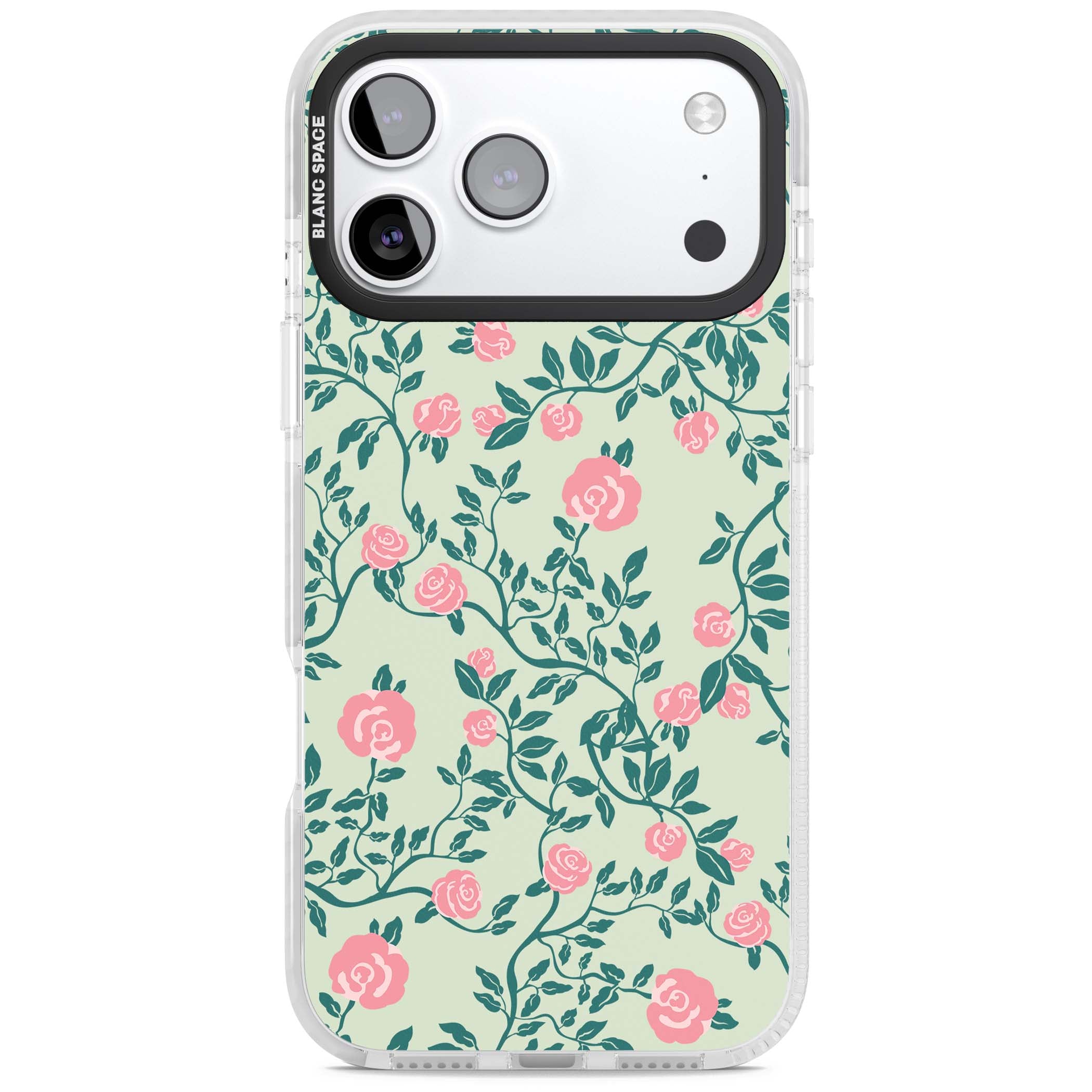 Rose Trellis cottagecore iPhone case featuring pink roses, sage green vines, and mint background | Impact Magsafe case for iPhone 17 Pro, iPhone 17 Pro Max