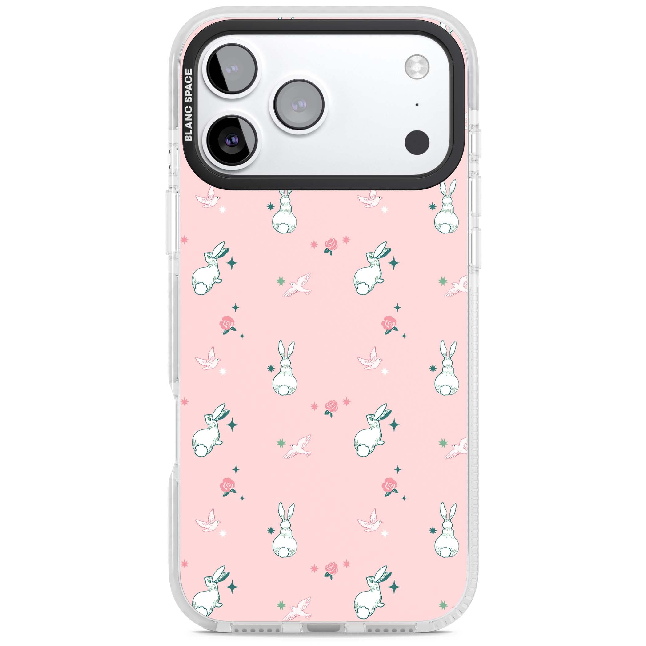 Bunny Garden kawaii iPhone case featuring white rabbits, pink roses, doves and stars on pink background | Impact Magsafe case for iPhone 17 Pro, iPhone 17 Pro Max
