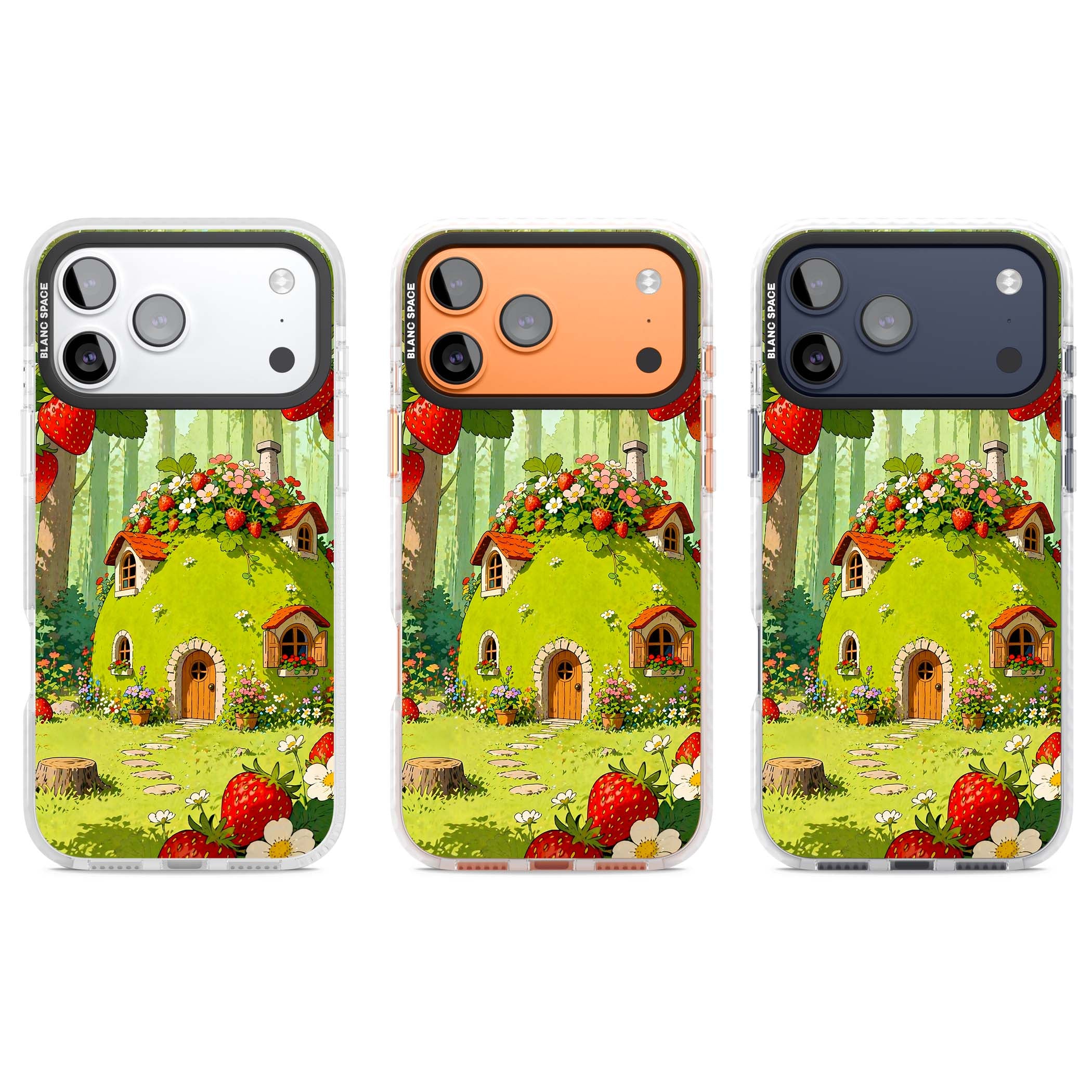 Strawberry Cottage cottagecore iPhone case featuring a green fairy house, wild strawberries and enchanted forest flowers | Impact Magsafe case for iPhone 17 Pro, iPhone 17 Pro Max