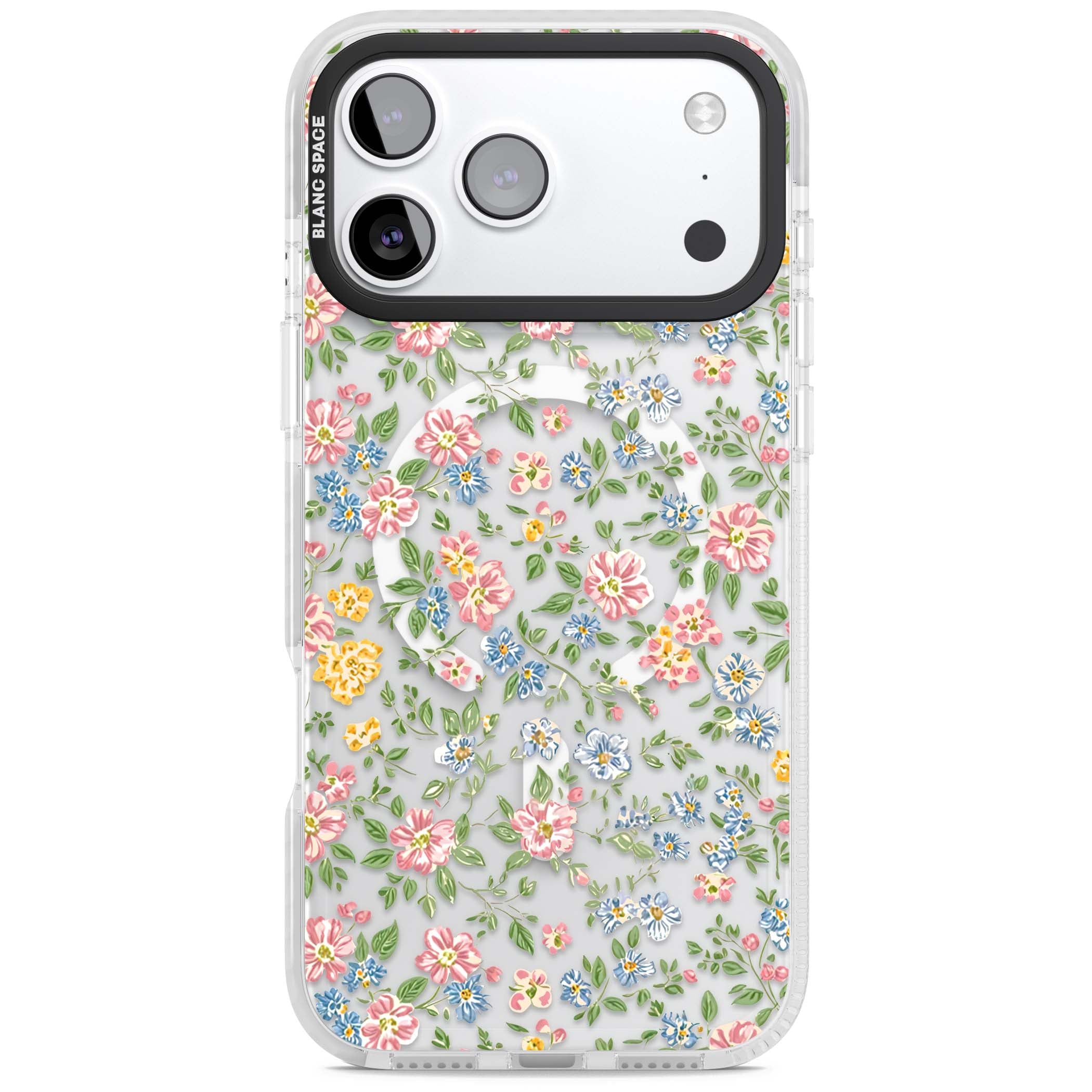 Soft Meadow cottagecore iPhone case featuring pink cosmos, blue forget-me-nots, yellow buttercups and green leaves sca | Impact Magsafe case for iPhone 17 Pro, iPhone 17 Pro Max