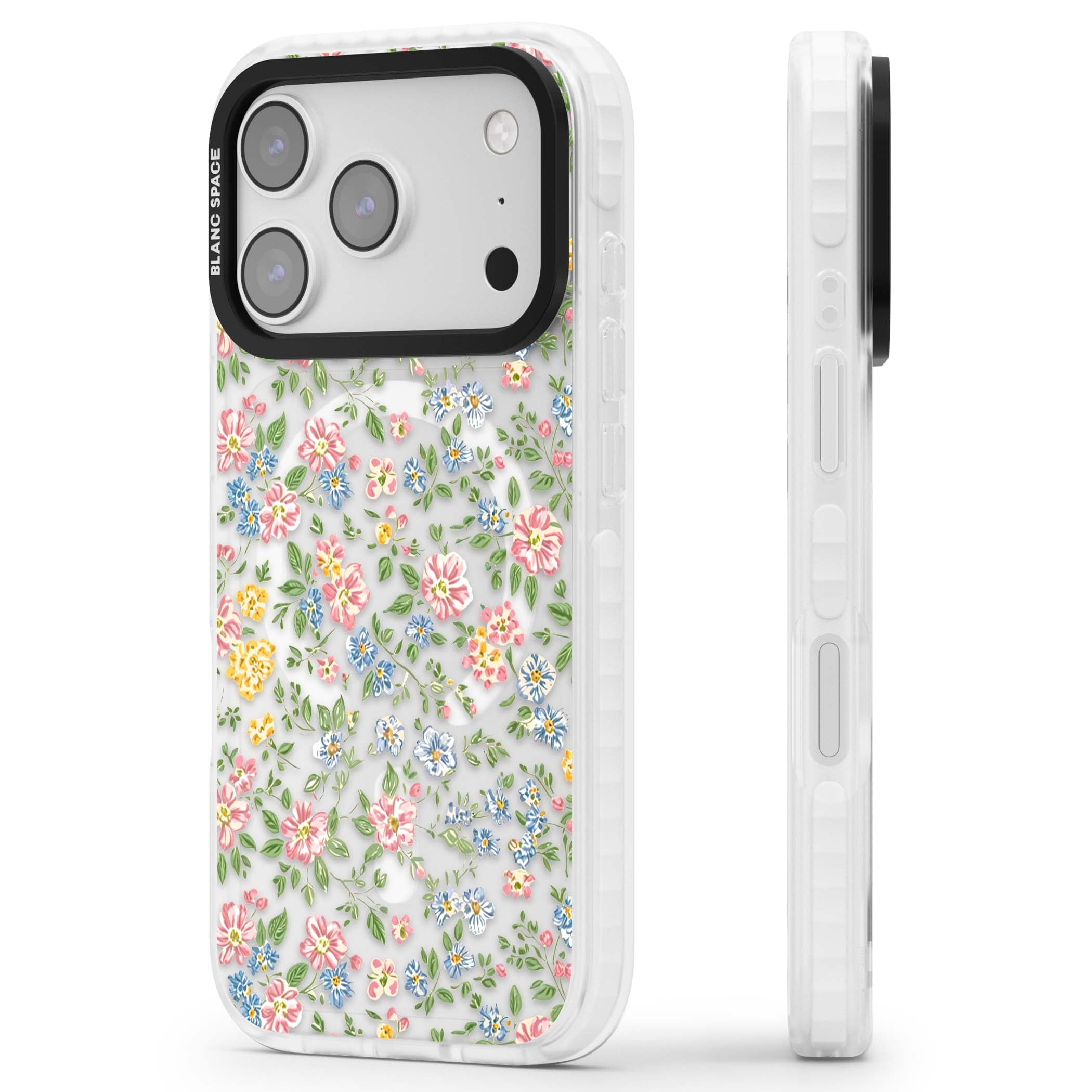 Soft Meadow cottagecore iPhone case featuring pink cosmos, blue forget-me-nots, yellow buttercups and green leaves sca | Impact Magsafe case for iPhone 17 Pro, iPhone 17 Pro Max
