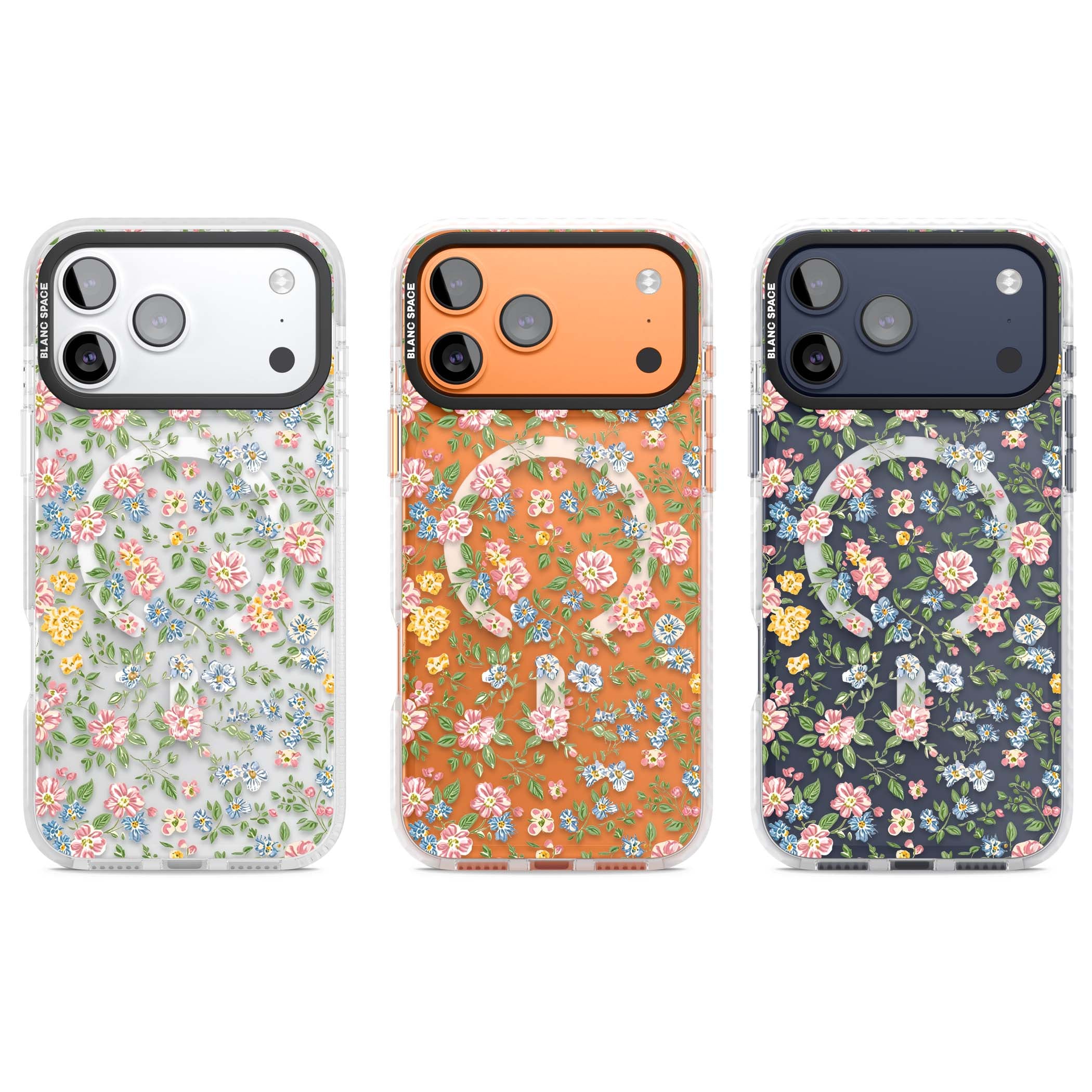 Soft Meadow cottagecore iPhone case featuring pink cosmos, blue forget-me-nots, yellow buttercups and green leaves sca | Impact Magsafe case for iPhone 17 Pro, iPhone 17 Pro Max