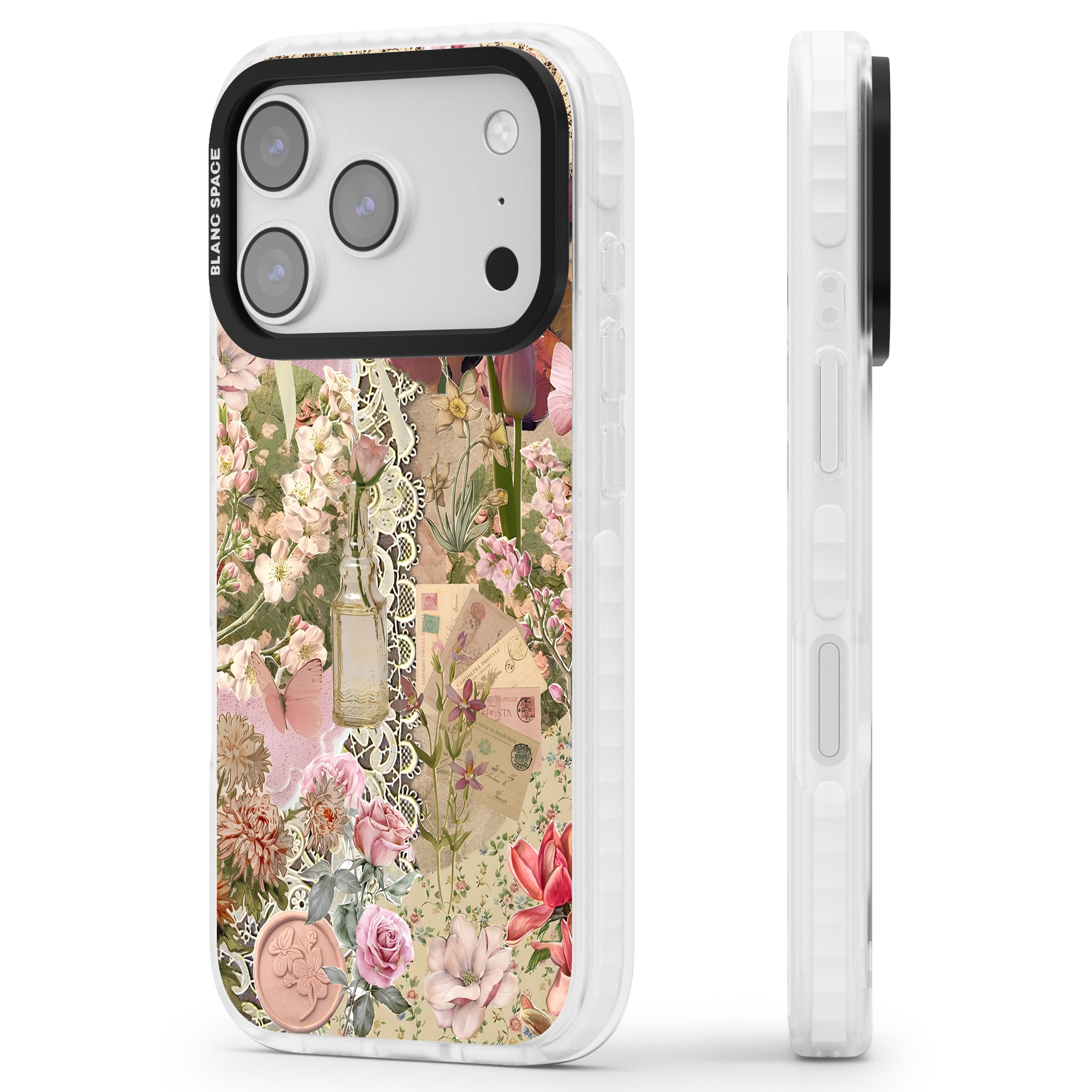 Soft Pink Flower Collage iPhone 17 Pro Impact Pro Clear Phone Case Side Profile