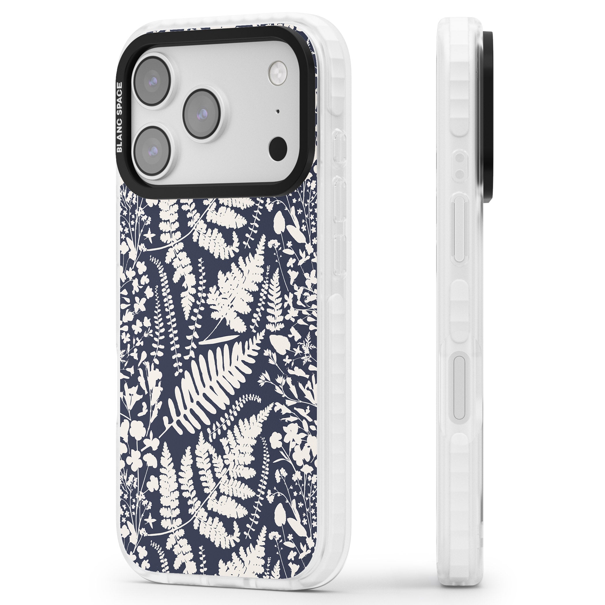 Wildflowers & Ferns On Navy iPhone 17 Pro Impact Pro Clear Phone Case Side Profile