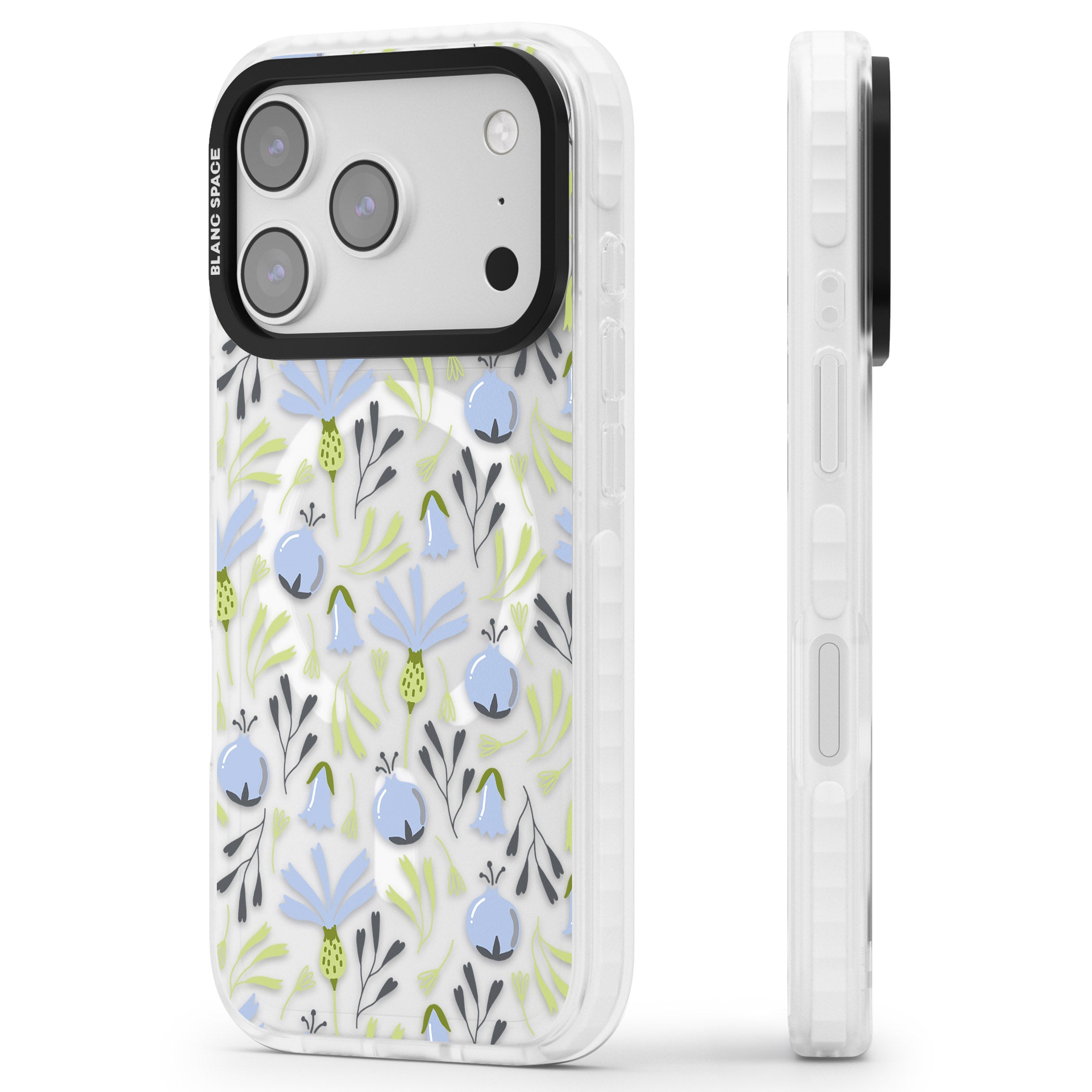 Blue Flora Bloom iPhone 17 Pro Impact Pro Clear Phone Case Side Profile