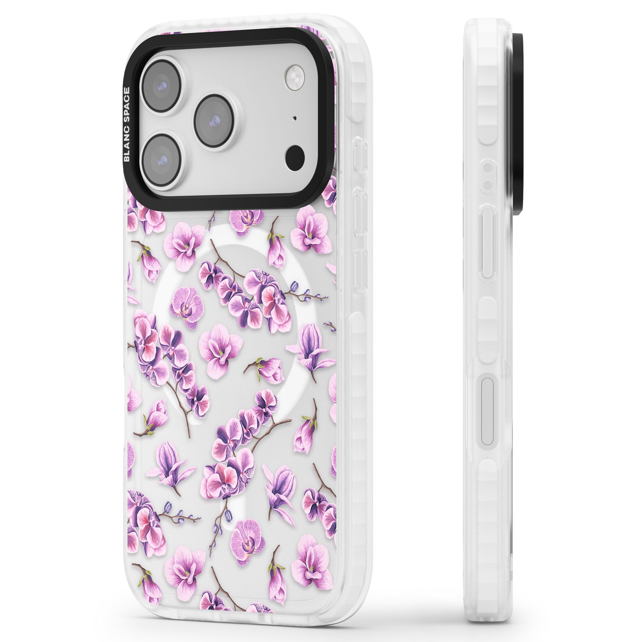 Purple Orchids Floral iPhone 17 Pro Impact Pro Clear Phone Case Side Profile