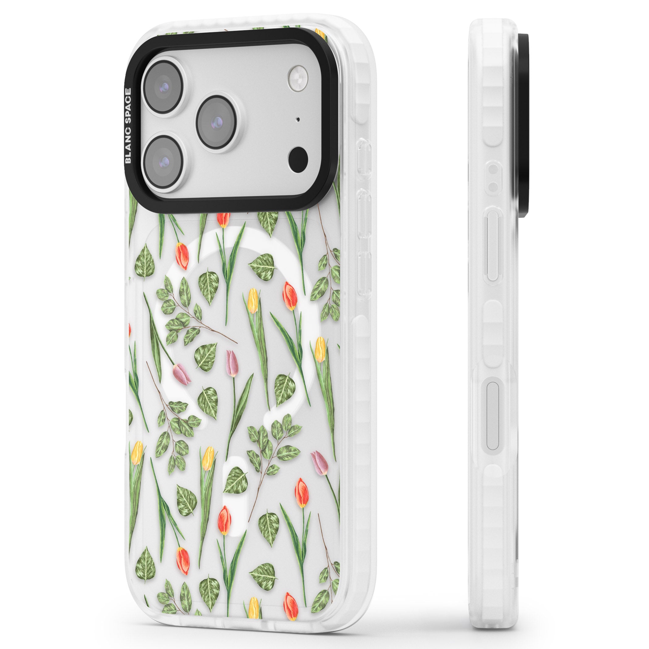 Spring Tulips Floral iPhone 17 Pro Impact Pro Clear Phone Case Side Profile