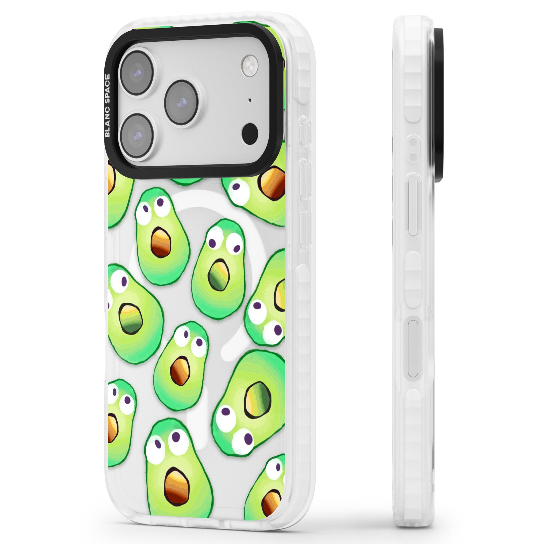 Shocked Avocados iPhone 17 Pro Impact Pro Clear Phone Case Side Profile