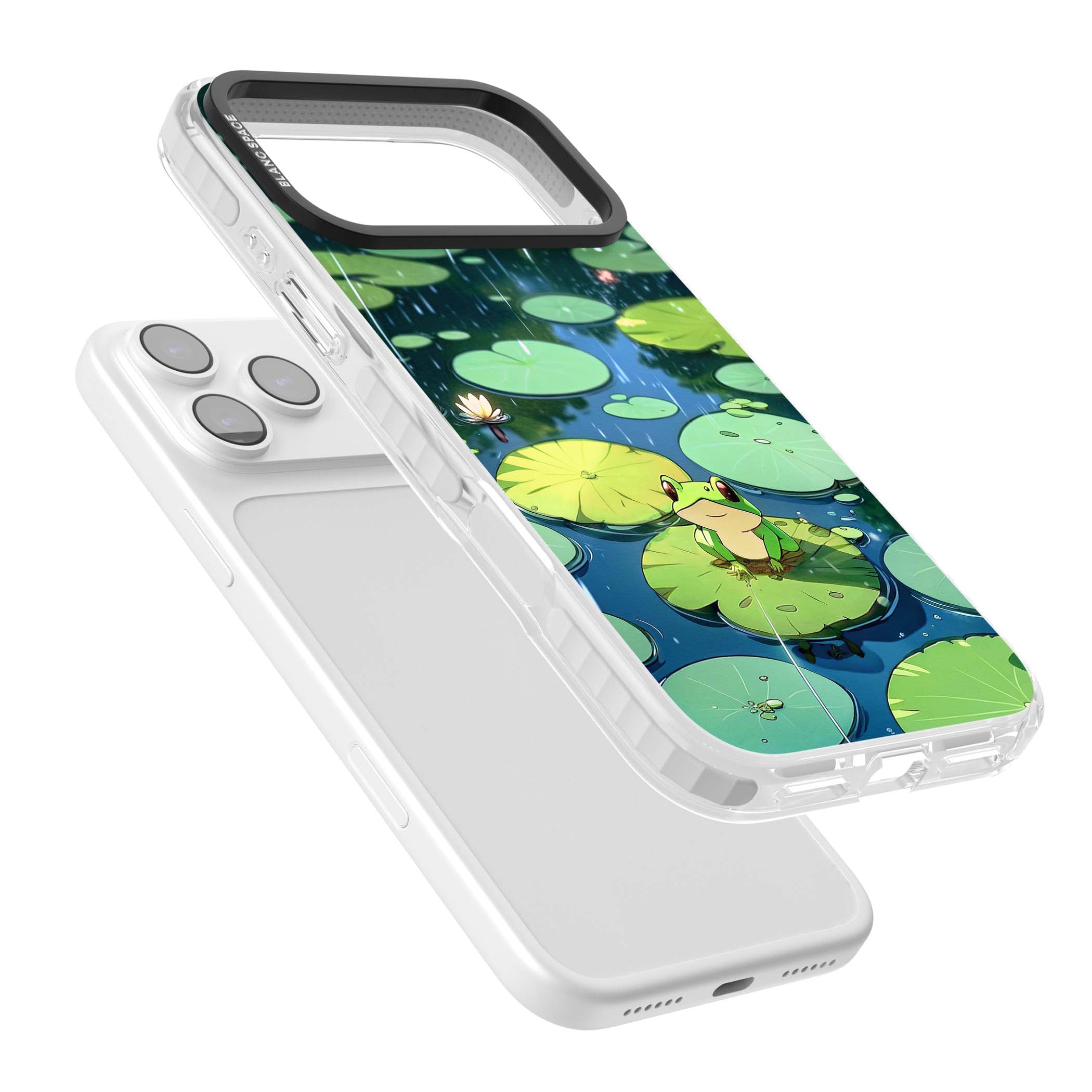 Frog In Lily Pond cottagecore iPhone case featuring a cute green frog on a lily pad with falling rain and a lotus flower | Impact Magsafe case for iPhone 17 Pro, iPhone 17 Pro Max