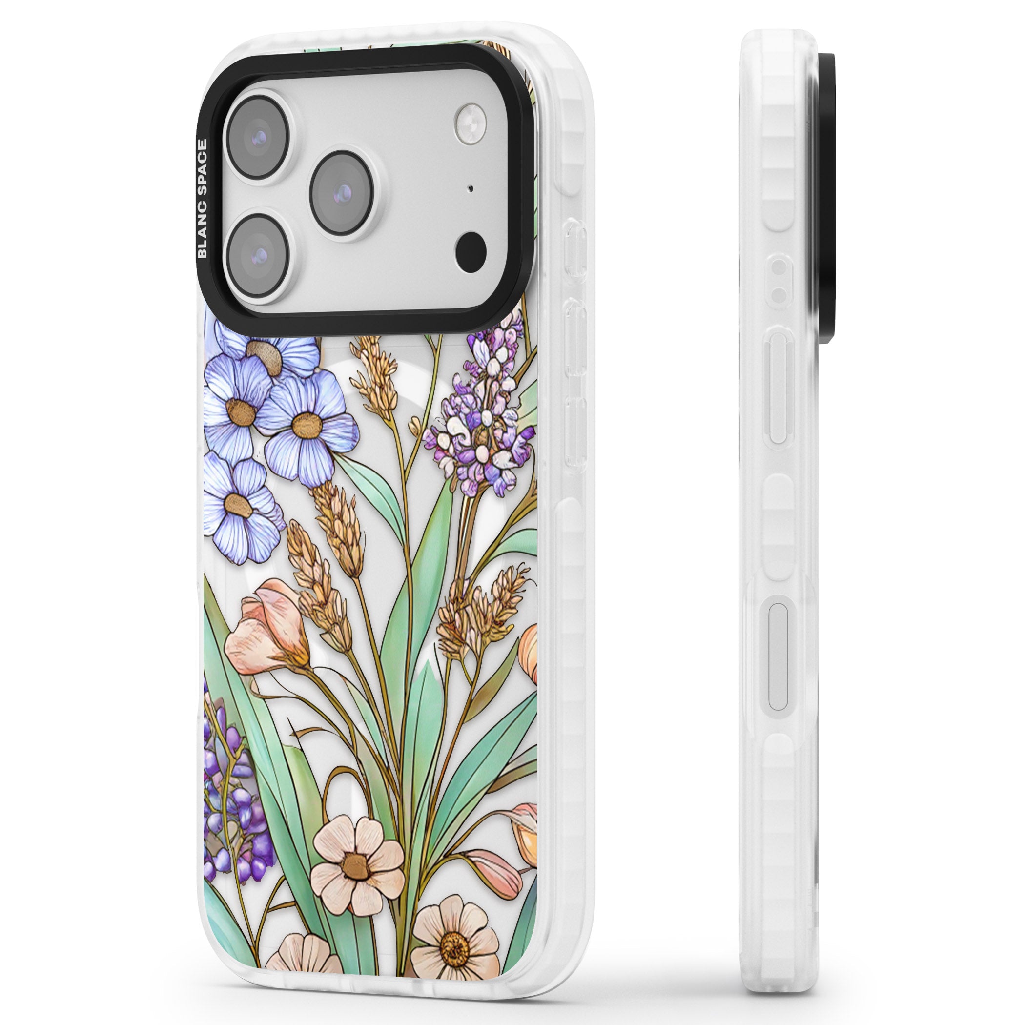 Glass Lavenders & Daisies iPhone 17 Pro Impact Pro Clear Phone Case Side Profile