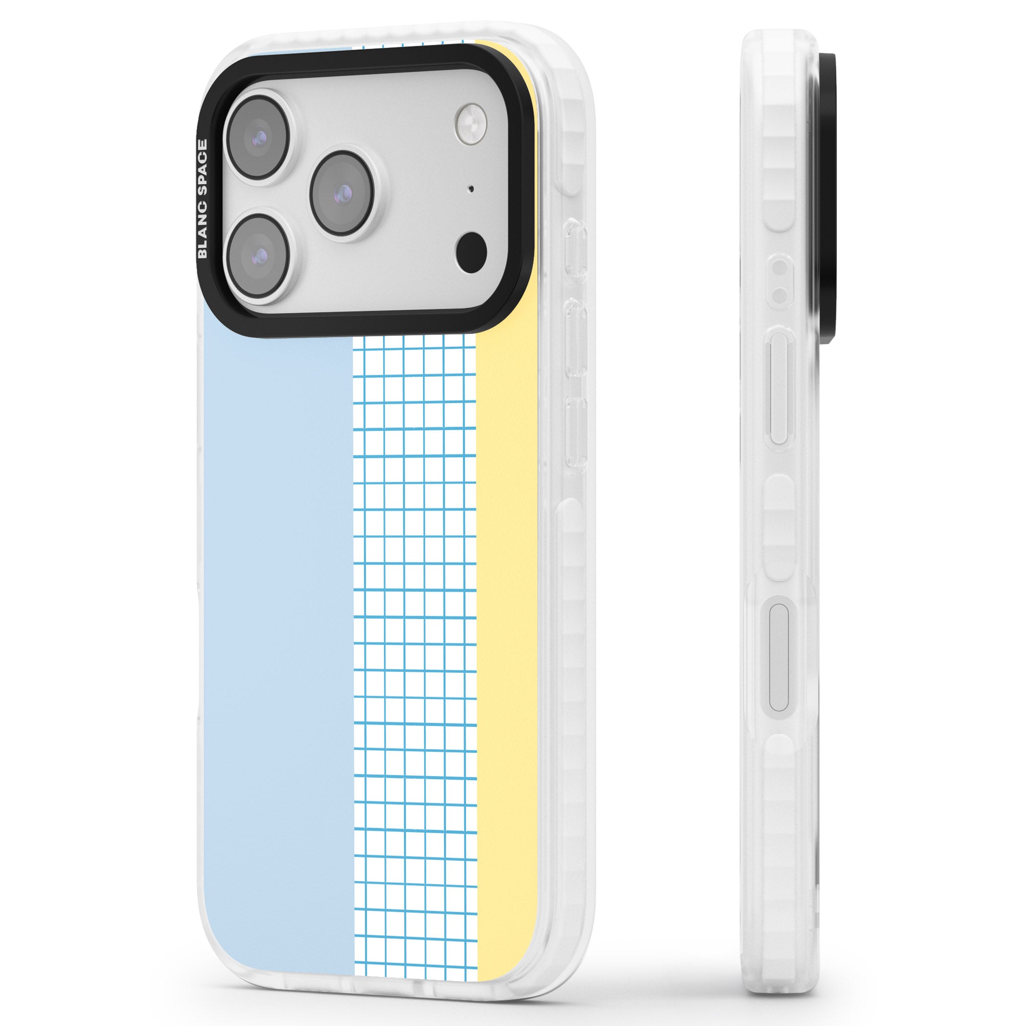 Abstract Grid Blue & Yellow iPhone 17 Pro Impact Pro Clear Phone Case Side Profile