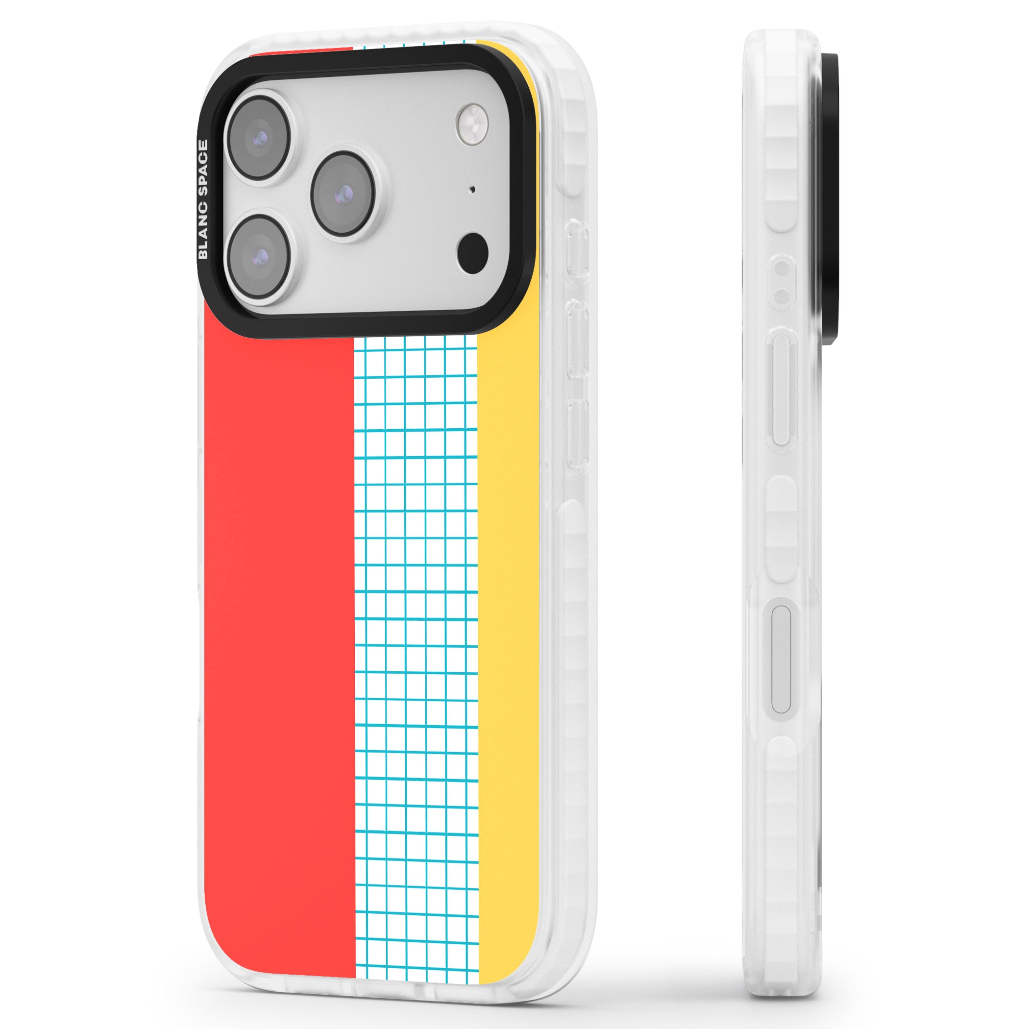 Abstract Grid Red, Blue, Yellow iPhone 17 Pro Impact Pro Clear Phone Case Side Profile