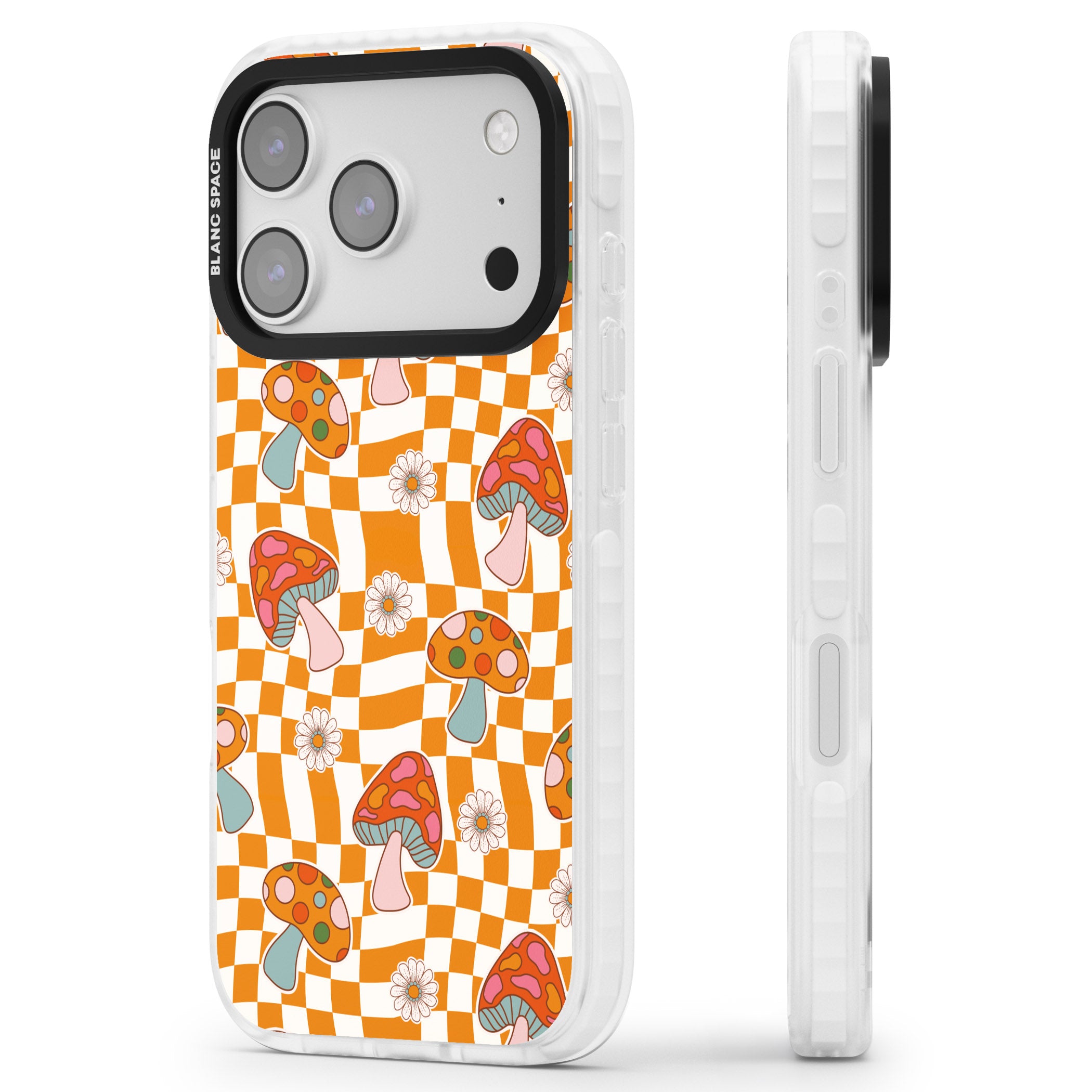 Wavy Checked Shrooms iPhone 17 Pro Impact Pro Clear Phone Case Side Profile