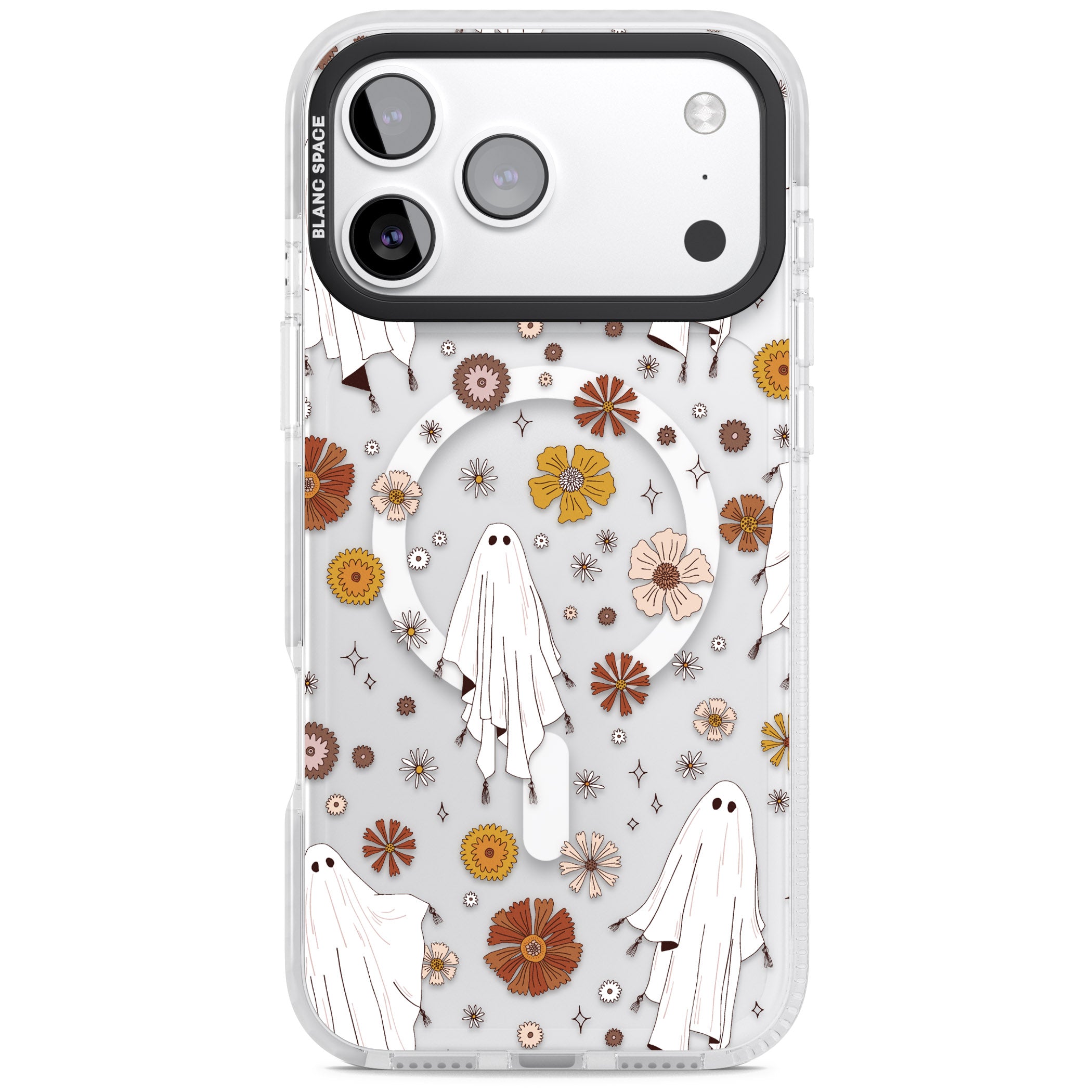 Halloween Ghosts And Flowers iPhone 17 Pro Impact Pro Clear Phone Case