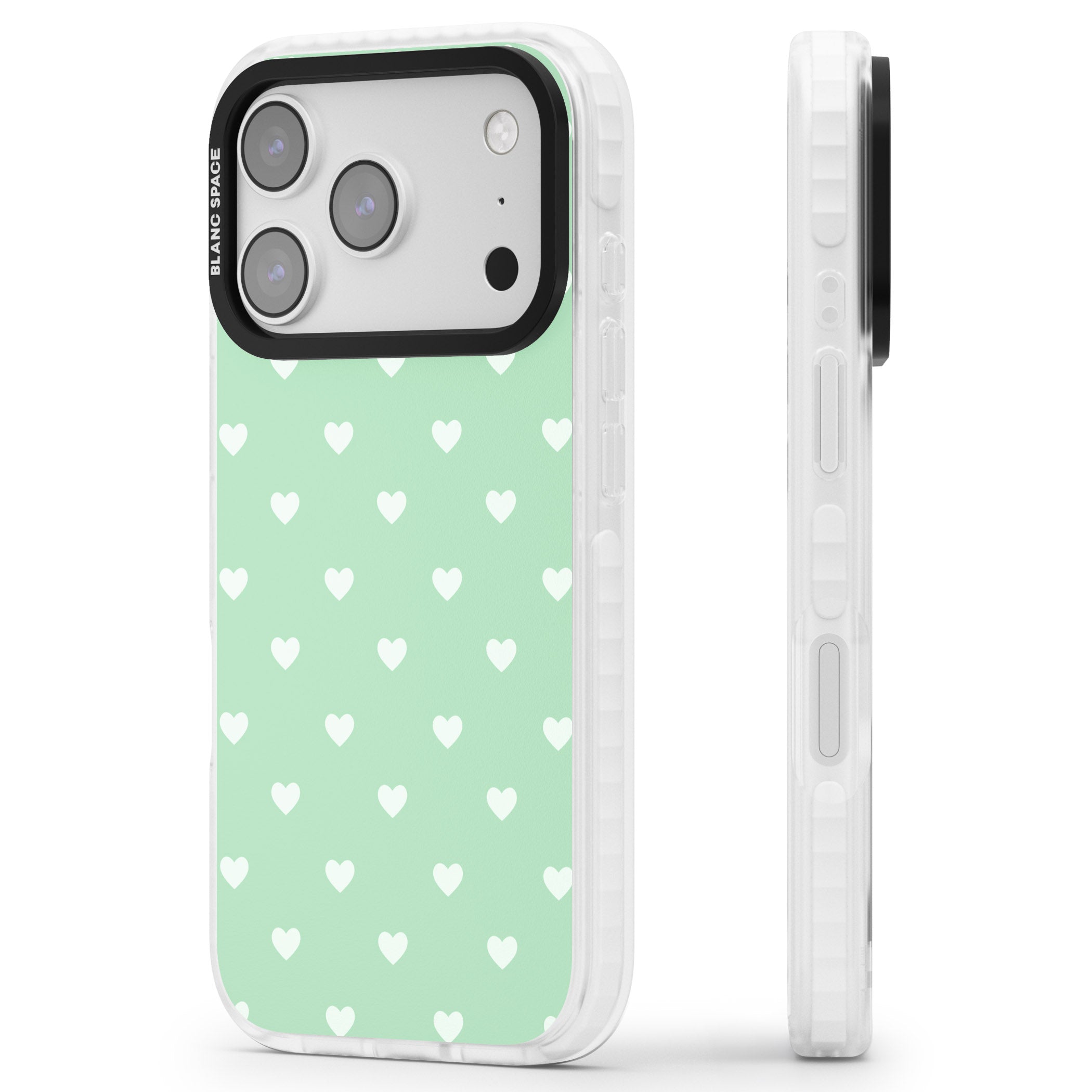 Small Heart Pattern: Green iPhone 17 Pro Impact Pro Clear Phone Case Side Profile